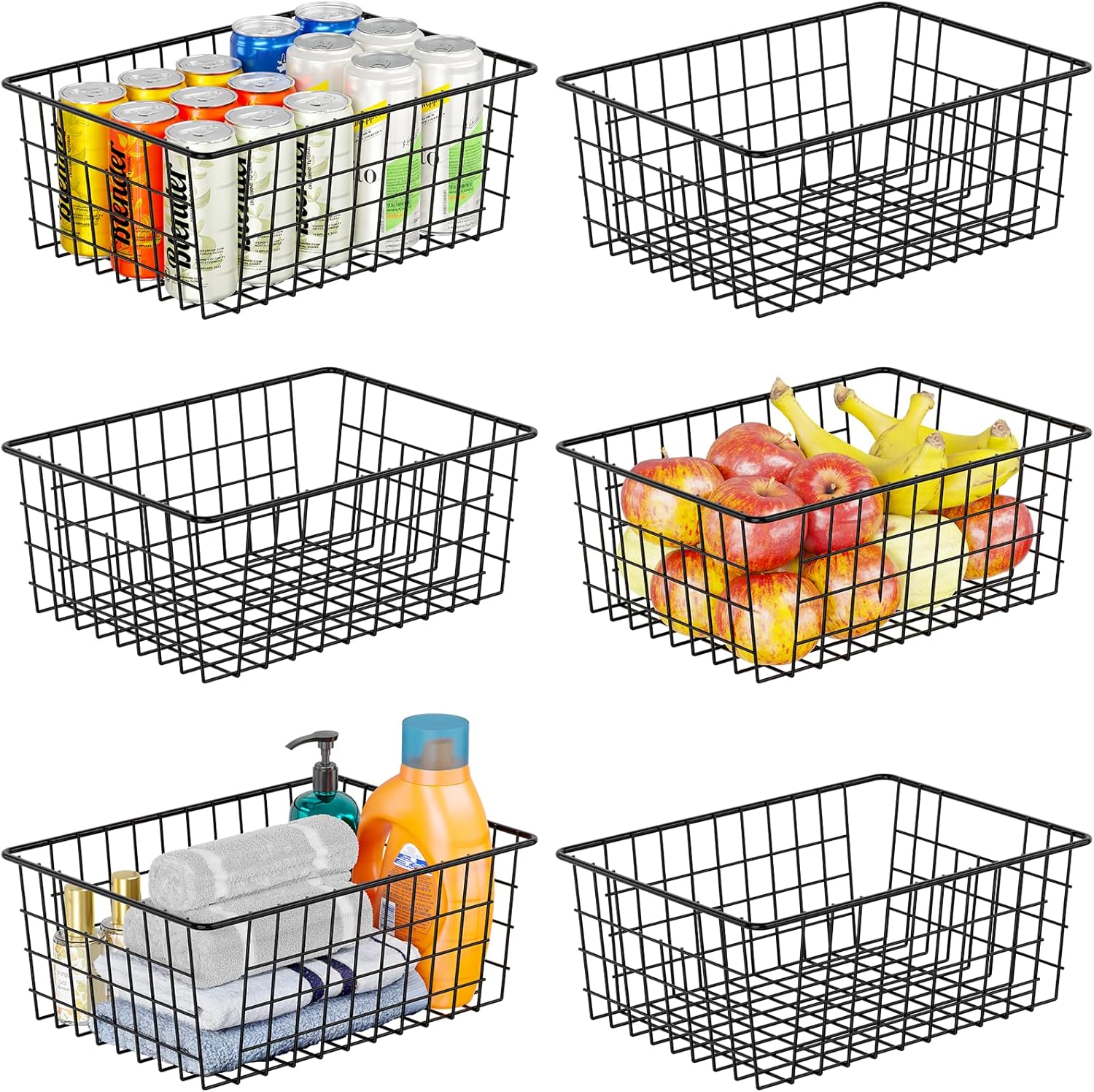SUFAUY 6 Pack Utility Wire Shelves for Storage and organization, Sturdy Steel Large Metal Basket with Handle, Stackable Organizer, Black