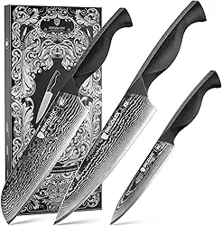 BRODARK Conjunto de facas de damasco 3 peças: conjunto de facas de cozinha afiadas de damasco, facas de chef japonesas profissionais com cabo ABS ergonômico completo para casa, restaurante (série Dark