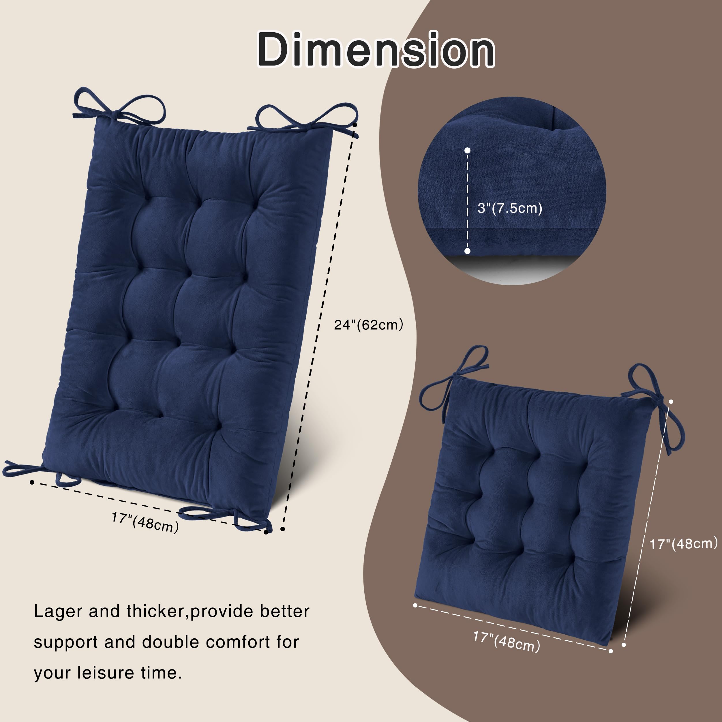 OVOV Thick Rocking Chair Cushion Warm Tufted Rocking Chair Pads Set of 2 with Ties High Back and Seat Cushion Suitable for Indoor (Navy) - Image 2