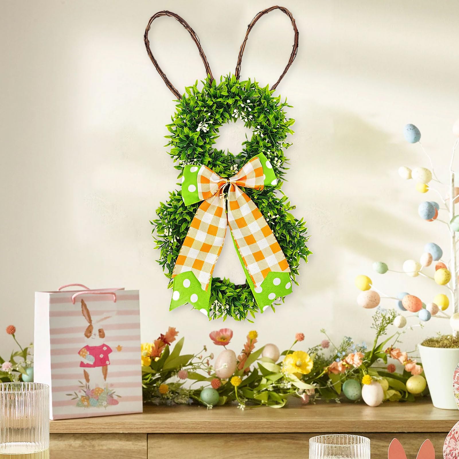 Türkranz Ostern Kranz Deko, Türkranz Frühling aus Künstlichen Osterei und Pflanzen, Osterdeko zum Aufhängen, Türkranz Hase mit Schleife und