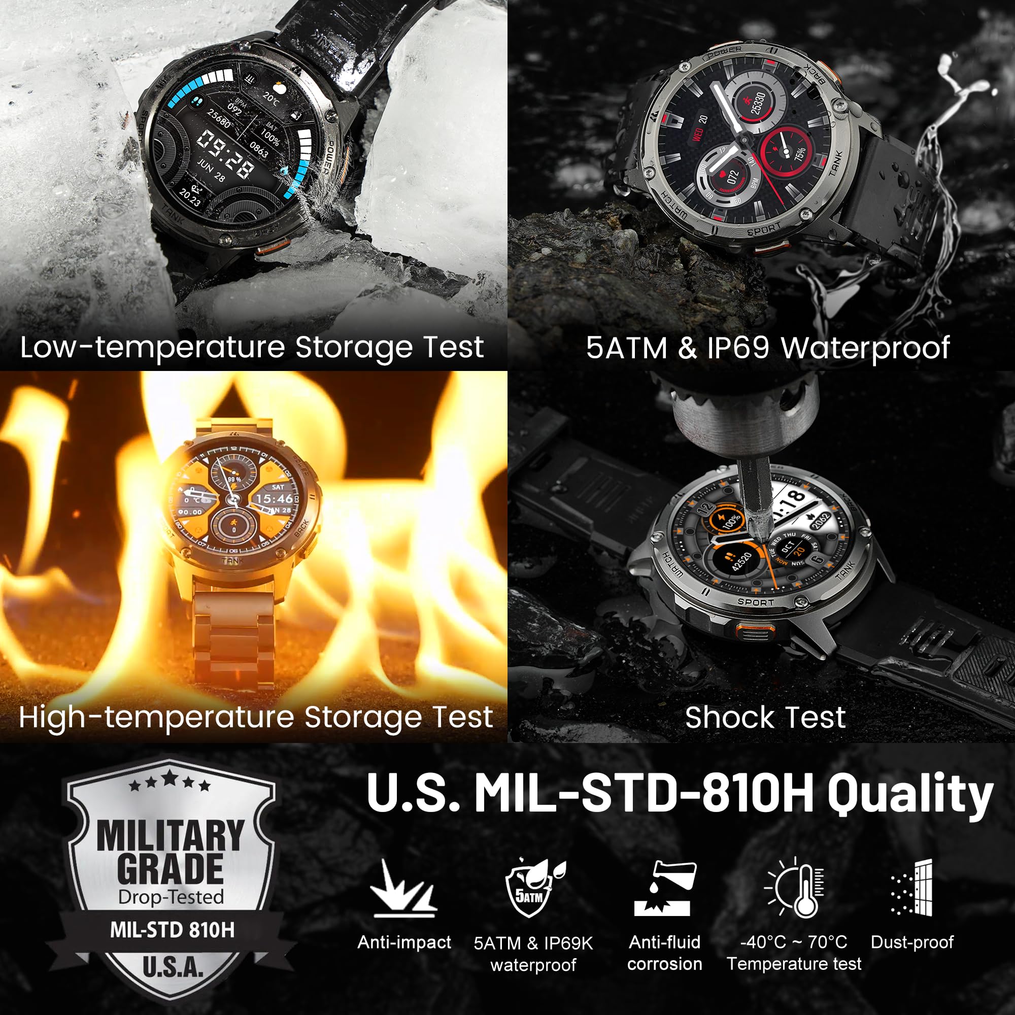Reloj inteligente para hombre, batería extra larga de 60 días, resistente al agua hasta 164.0 ft para nadar, resistente reloj inteligente militar de cuerpo completo de metal, reloj inteligente 2