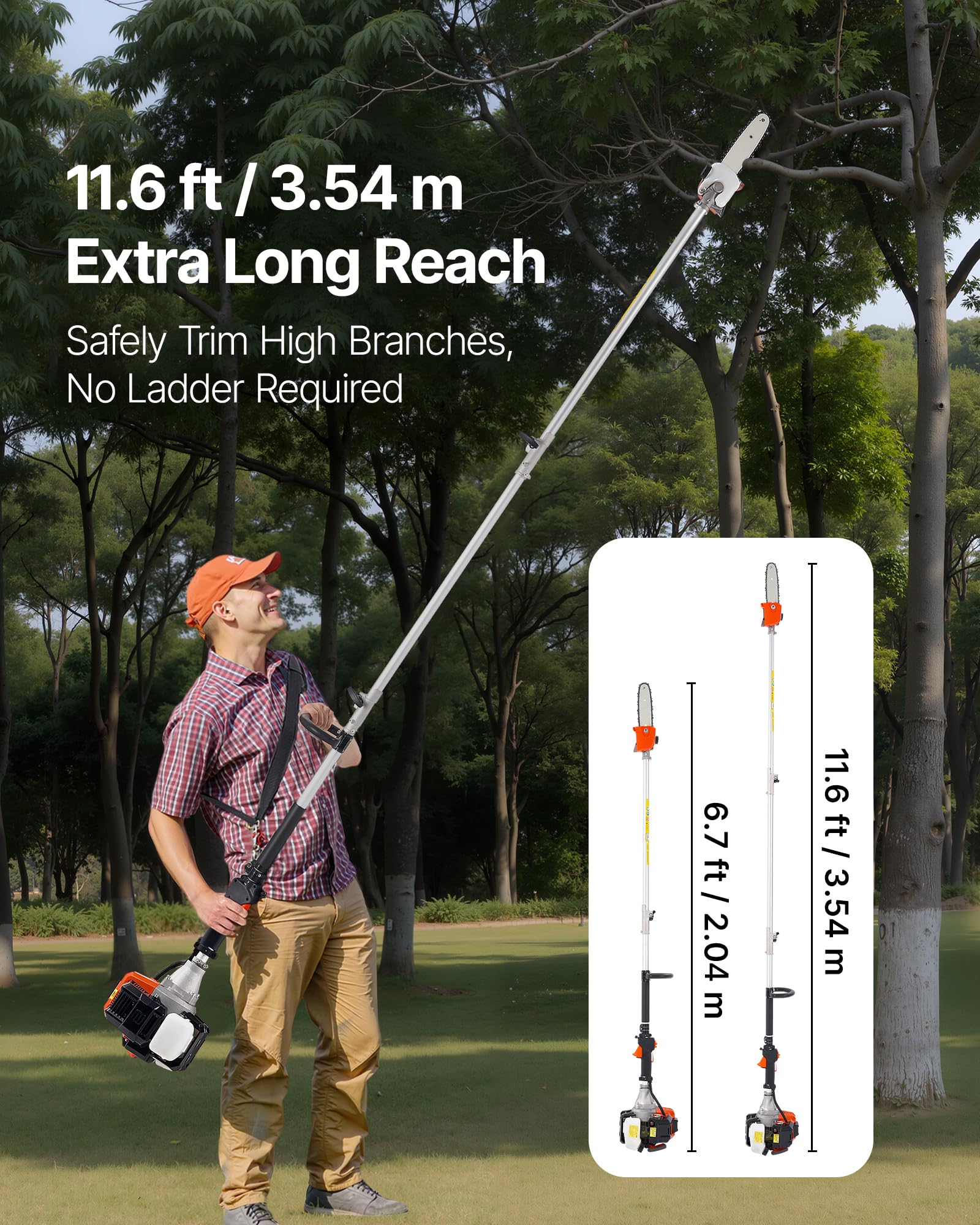 VEVOR Élagueuse Thermique sur Perche à 2 Temps, 33 cc, Élagueuse sans Fil à Essence, avec Perche Extensible 2,04-3,54 m, Guide-chaîne 20,3 cm, Réservoir de Carburant 850 ml, pour Élagage des Arbres