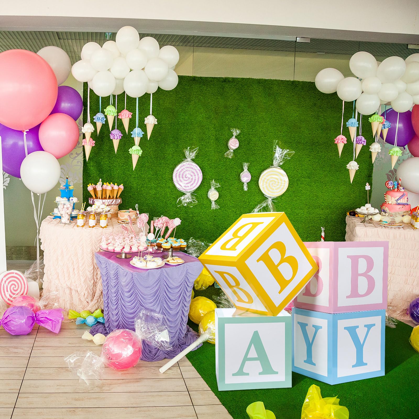 Humyoun 4 buzones para baby shower, cajas de dulces arcoíris para bebé, decoración de baby shower, donas, cajas de dulces pastel, cajas de caramelos, recuerdos de fiesta con letras para baby shower