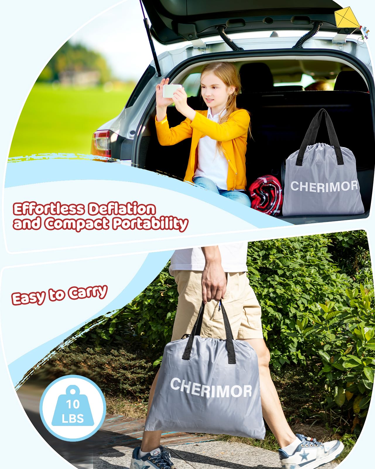 CHERIMOR Letto gonfiabile da viaggio per bambini con paraurti di sicurezza e pompa di gonfiaggio automatico di 2 minuti, materasso ad aria portatile per bambini, con borsa per il trasporto, per