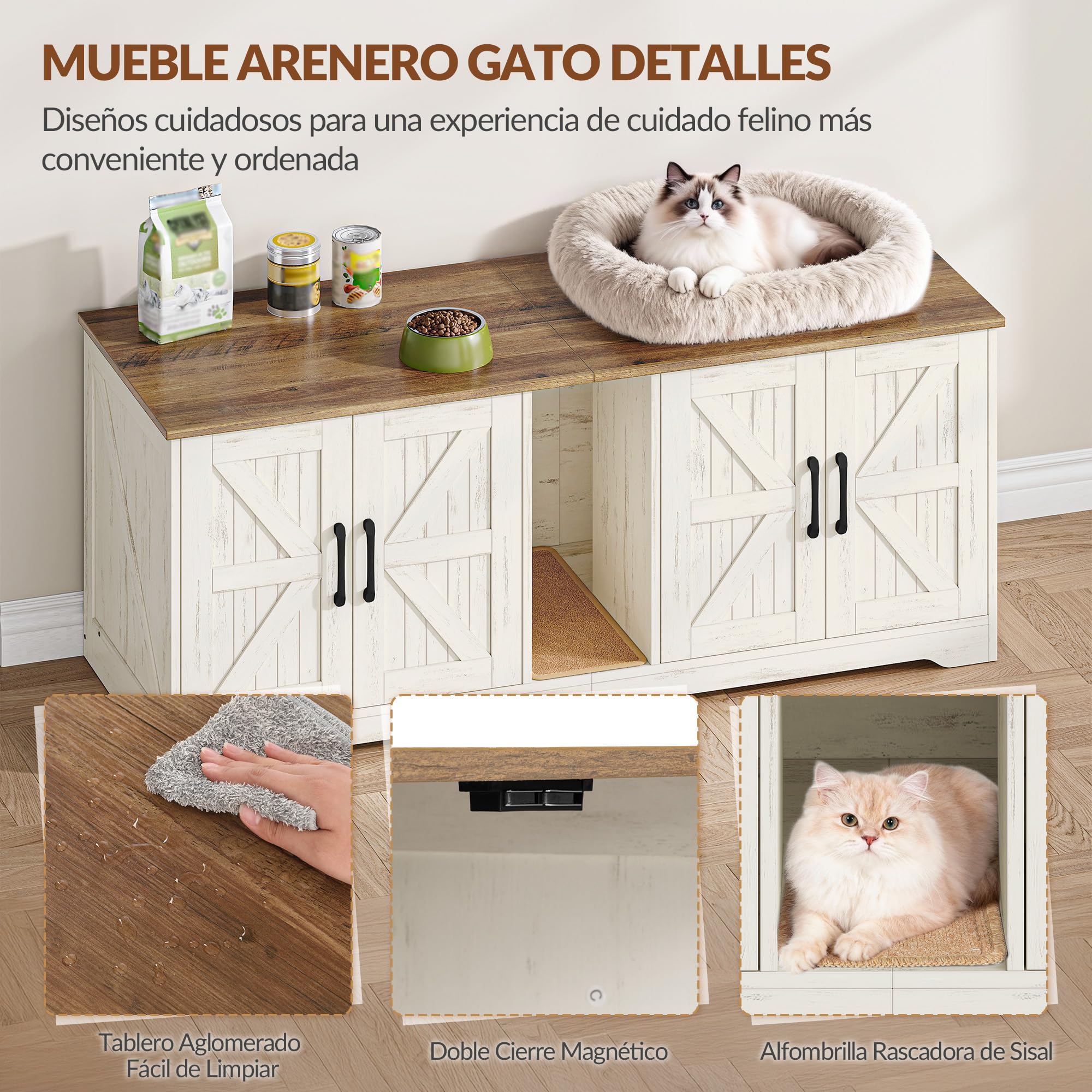 Mueble Arenero Gato para 2 Gatos, 140x50x55 cm, Marrón y Blanco | Mueble para Caja de Arena Oculta, Armario para Gatos con Alfombrilla para Rascar, Caseta Madera para Gato de Interior