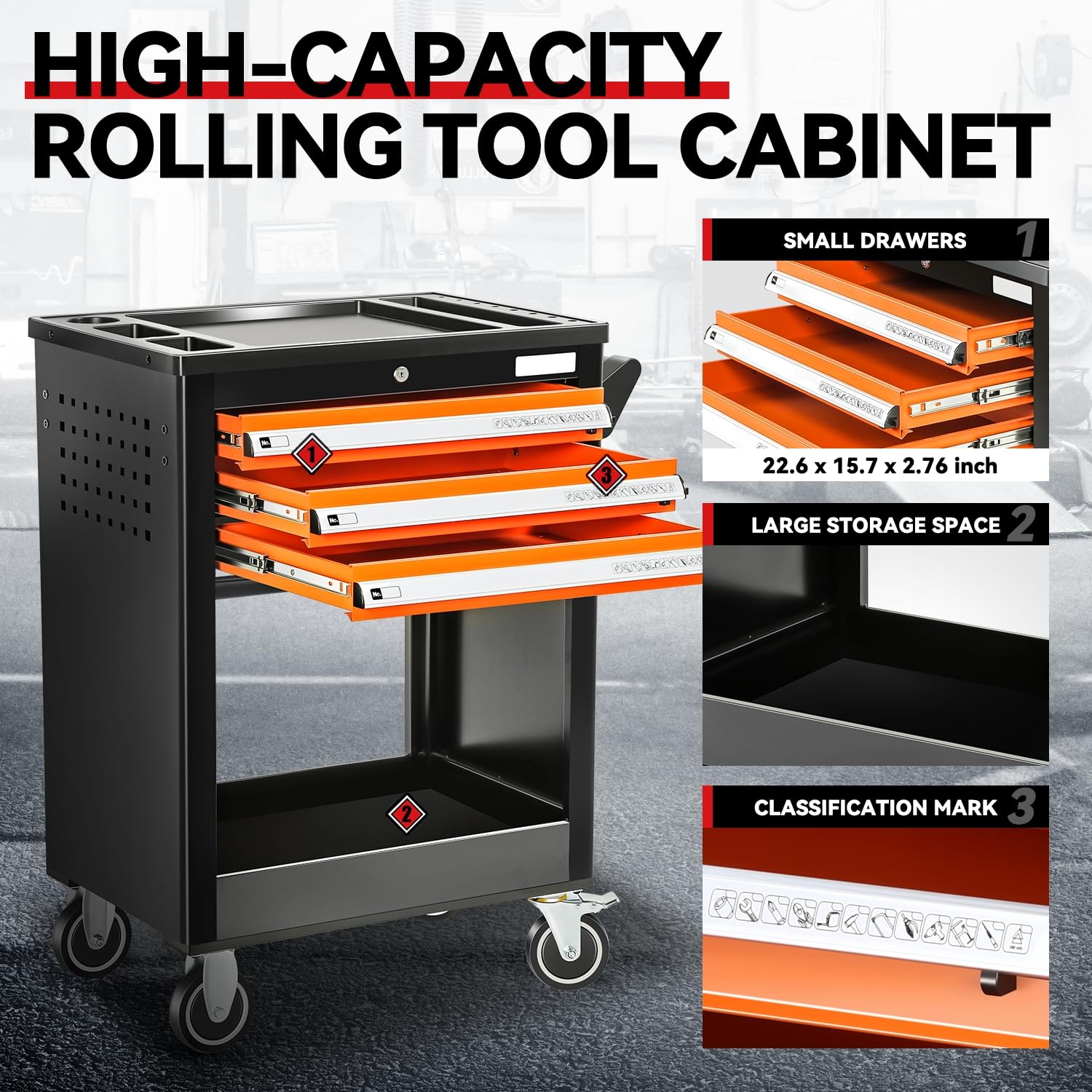 Universal Max 440 Lbs Orange 3 Drawer Plastic Top Tray Powder-Coated Steel Roller Cabinet for Garage Warehouse Home Office Workshop Repair Tools