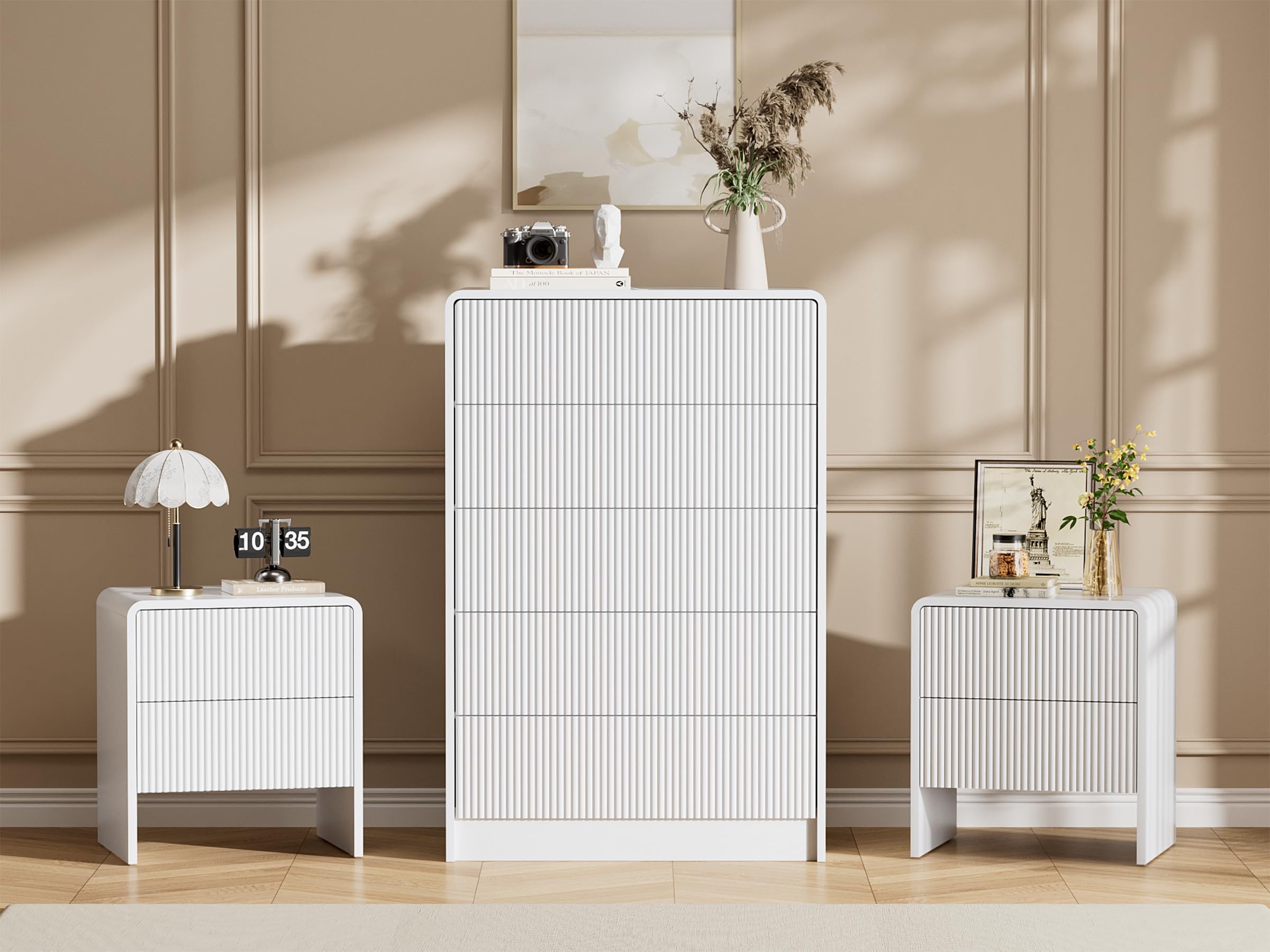 Furniway 3 Piece Bedroom Dresser Set, 5 Drawer Dresser with 2 Nightstands, Fluted Chest of Drawers with Pop-Up Design, Modern Storage Furniture for Bedroom, Living Room, Entryway, White