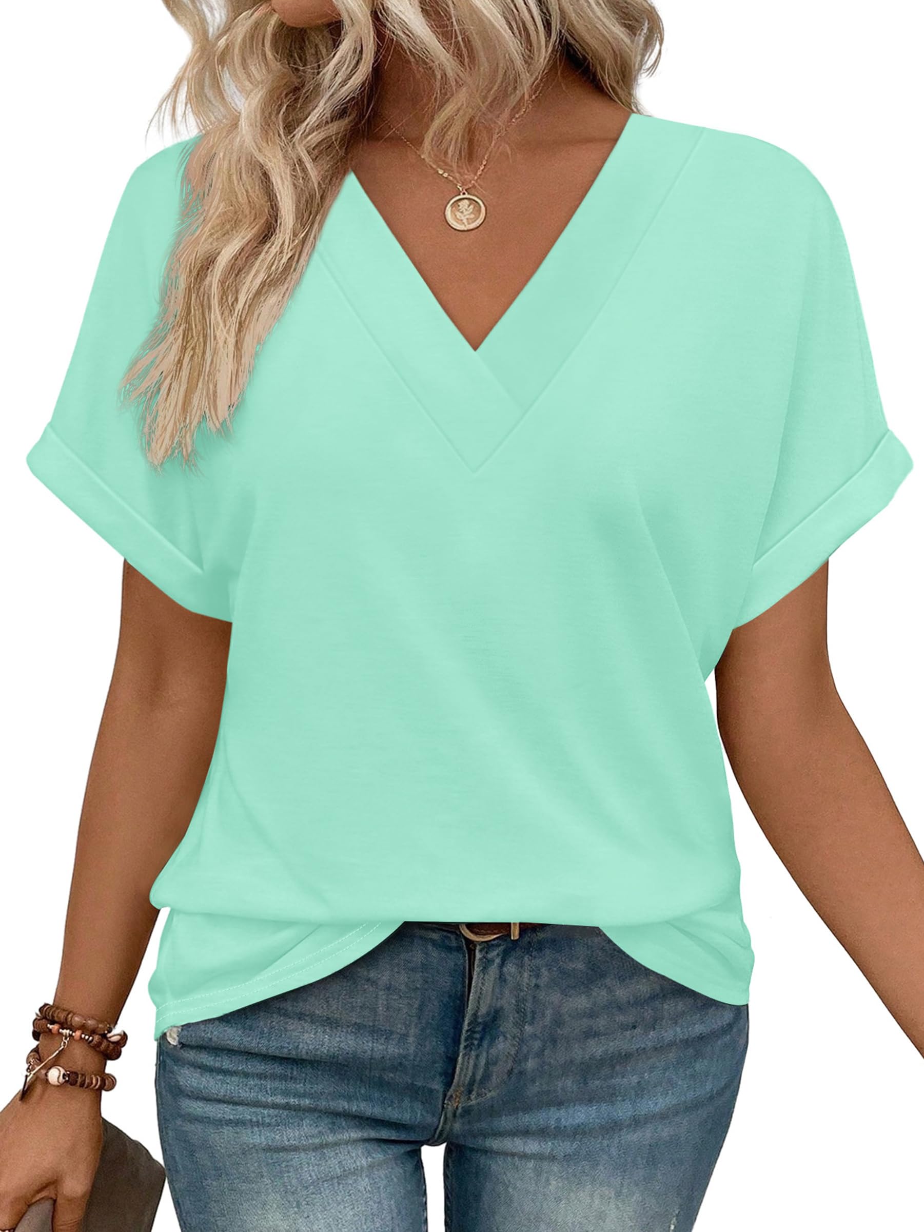 Photo 1 of WIHOLL Womens Tops Tunic Plus Size 2026 Summer Spring Trendy Short Sleeve Shirts V Neck Flowy Blouses Green 2XL