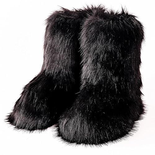 Valpeak Snow Boots for Women 2024 Furry Boots Winter Knee High Flat Heel Fluffy Faux Fur Boots - Black - 6 Wide