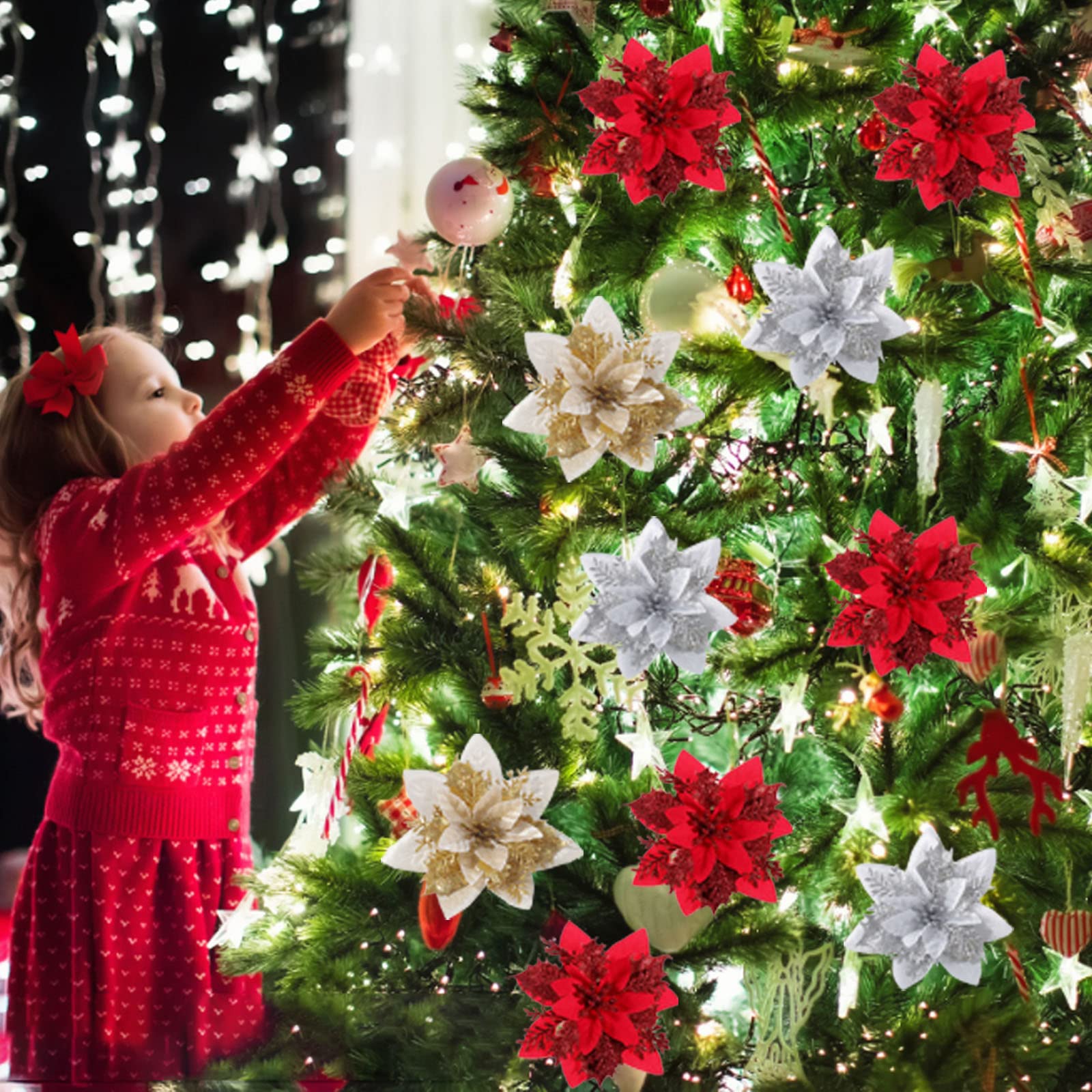 12 pezzi di fiori natalizi artificiali, stella di Natale, ornamenti