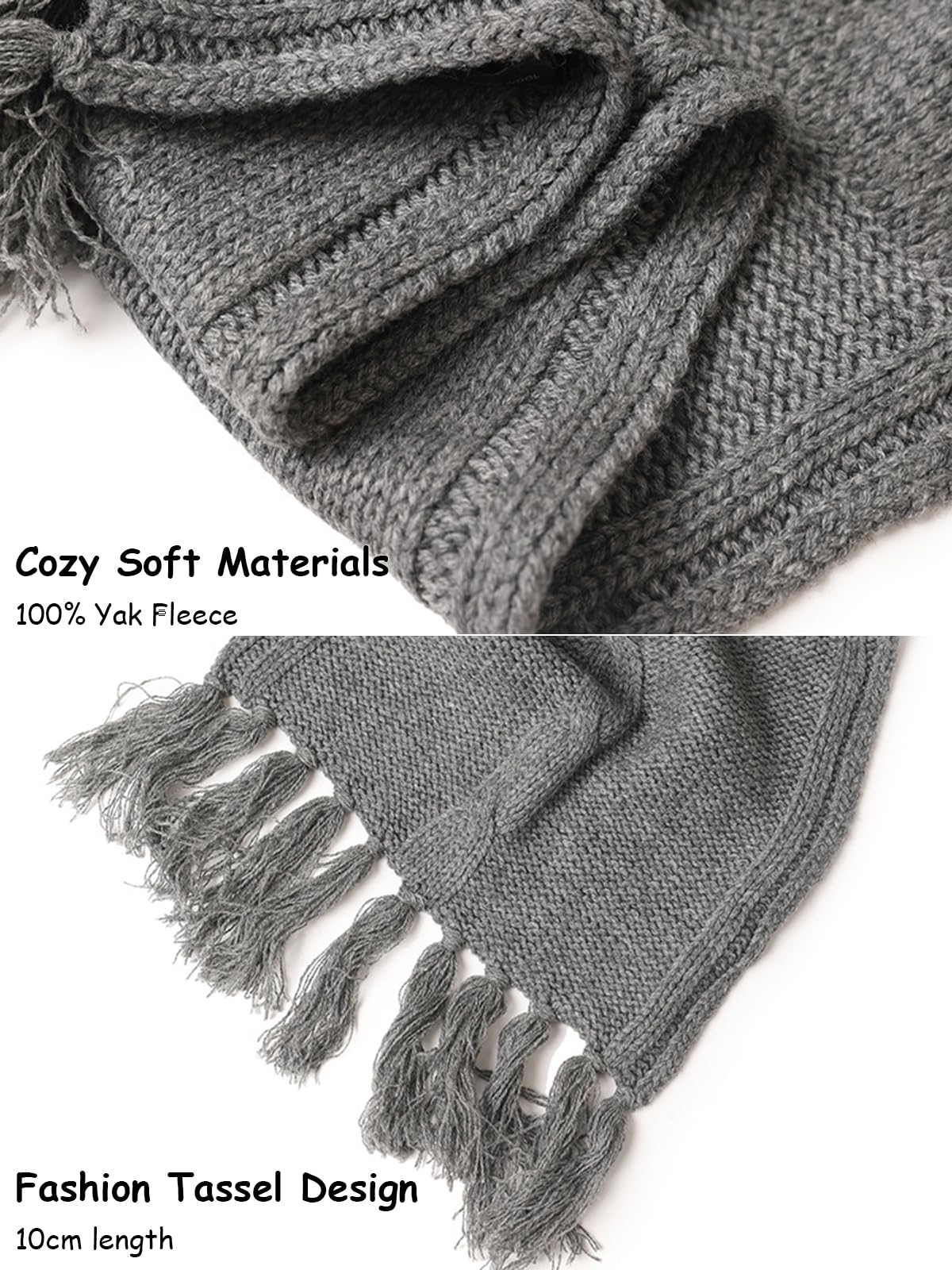 Mujer Bufanda Larga con Capucha de Punto, Invierno 100% Yak Fleece Sombrero Bufanda 2 en 1, Moda Cálido Chal Wrap Pañuelos de Cabeza, Capucha Bufanda Gorro Calentador de Cuello para Esquí Grey F