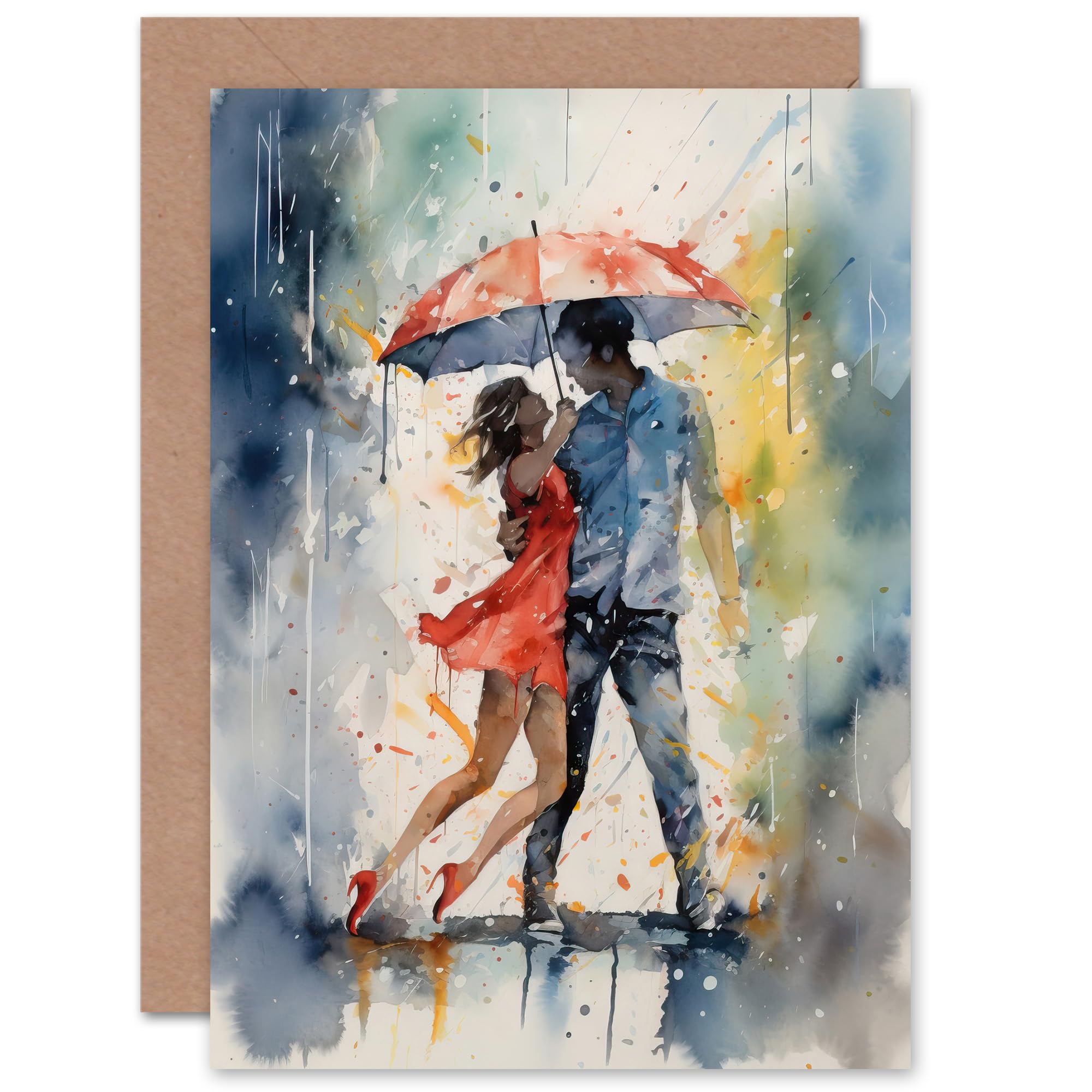 Artery8 Dancing in the Rain Watercolour Romance for Wife Her Birthday Valentines Day Love Blank Art Greeting Card