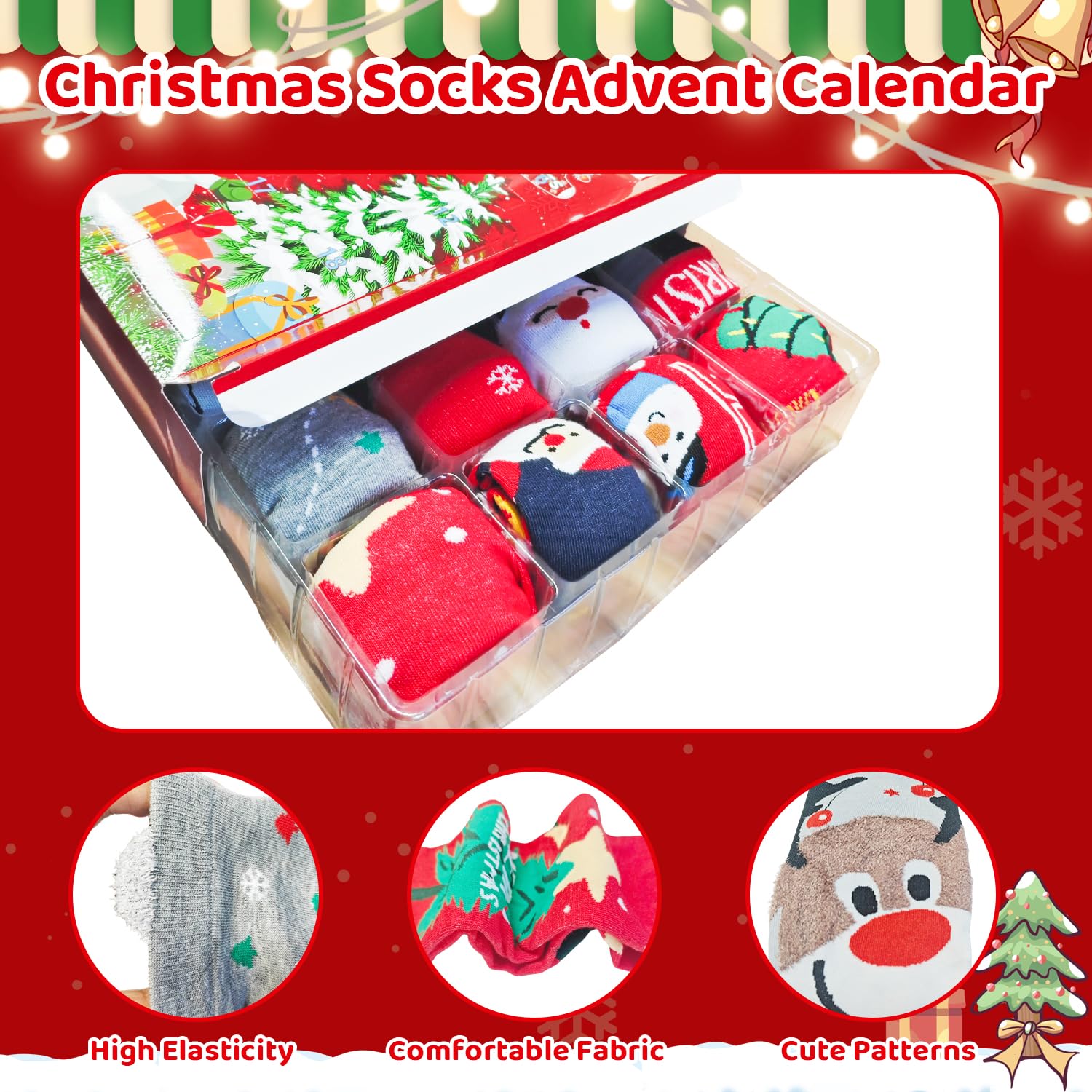 Calendrier de l'Avent 2026 24 jours de Noël avec joli motif chaussettes pour Noël (rouge, 36-42)