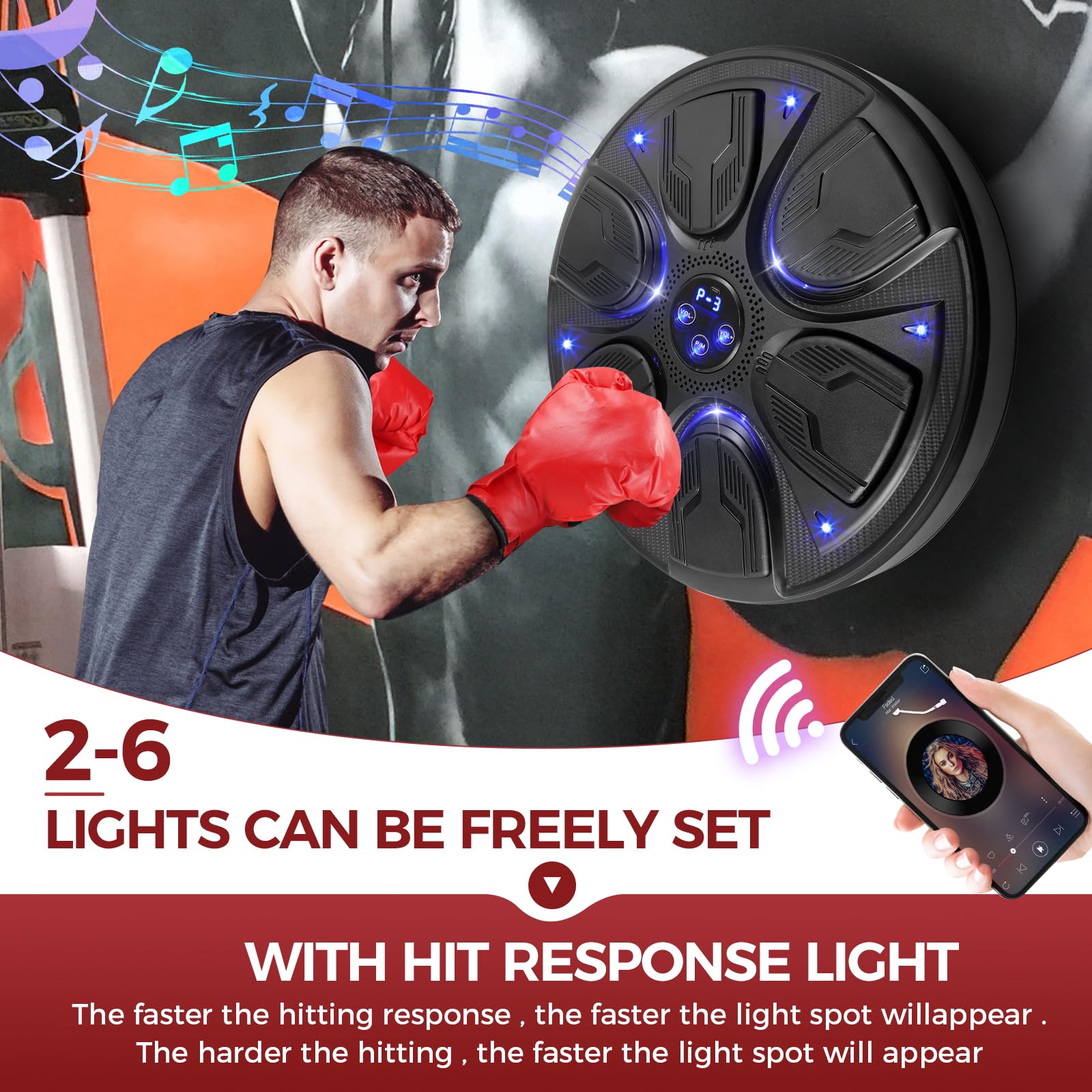Towwoo Macchina della Boxe Montata al Muro, Astuti Cuscinetti di Punzonatura Dell'Attrezzatura della Boxe Musicale con La Luce del LED, Obiettivo Elettronico della Boxe con La Musica di Bluetooth