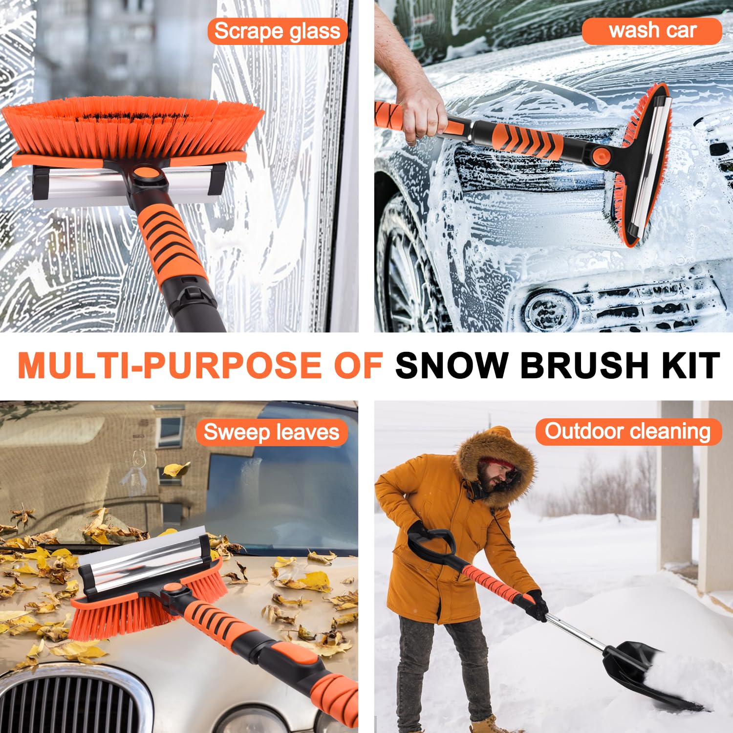 Auto Schneebesen und Schaufel Kit, 106,7 cm ausziehbarer Eiskratzer mit 180° schwenkbarem Kopf & ergonomischem Griff – 99,1 cm zusammenklappbare Notfall-Schneeschaufel für Auto, SUV, LKW