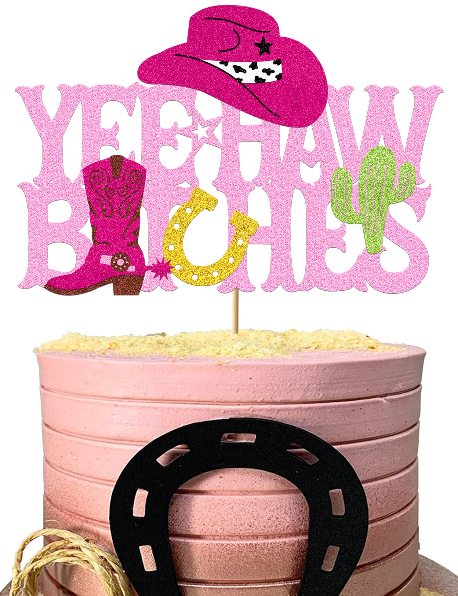 Yee Haw Cowgirl Cake Topper Western Decorations Glitter Pink Bachelorette Theme Cake Toppers Decorations for Girls Women Horse Cake Toppers Girl Party
