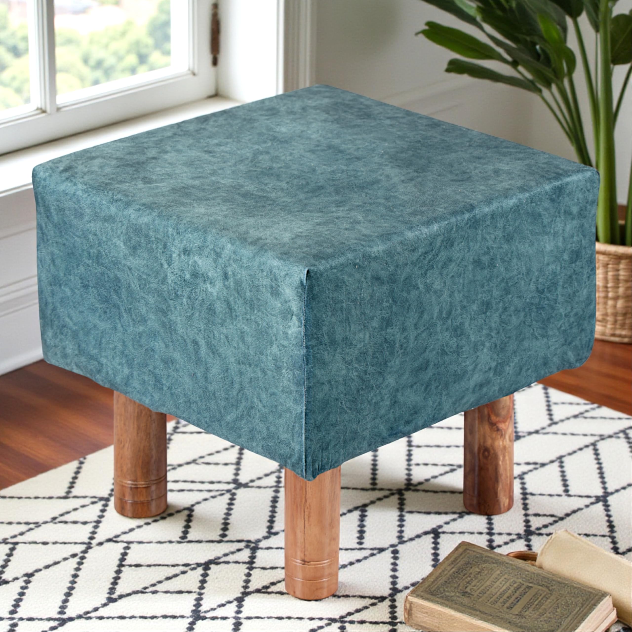 Ikiriya Stylish Verona Acacia Wood Accent Square Pouf Stool, Blue Jacquard Work Fabric (16x16x16 Inches, 1 Yr Warranty)-picture-13