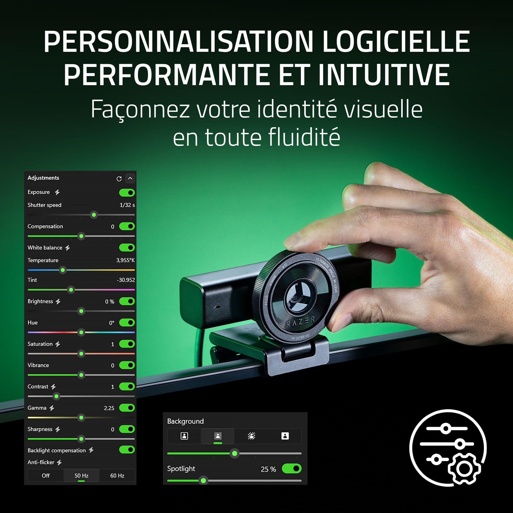 Razer Kiyo V2 – Webcam 4K 30FPS avec Cadrage Automatique alimenté par l'IA - 1080p 60FPS, Cache intégré, HDR, Objectif Ultra Grand Angle, Compatible avec MS Teams, Zoom, Google Meet | Noir