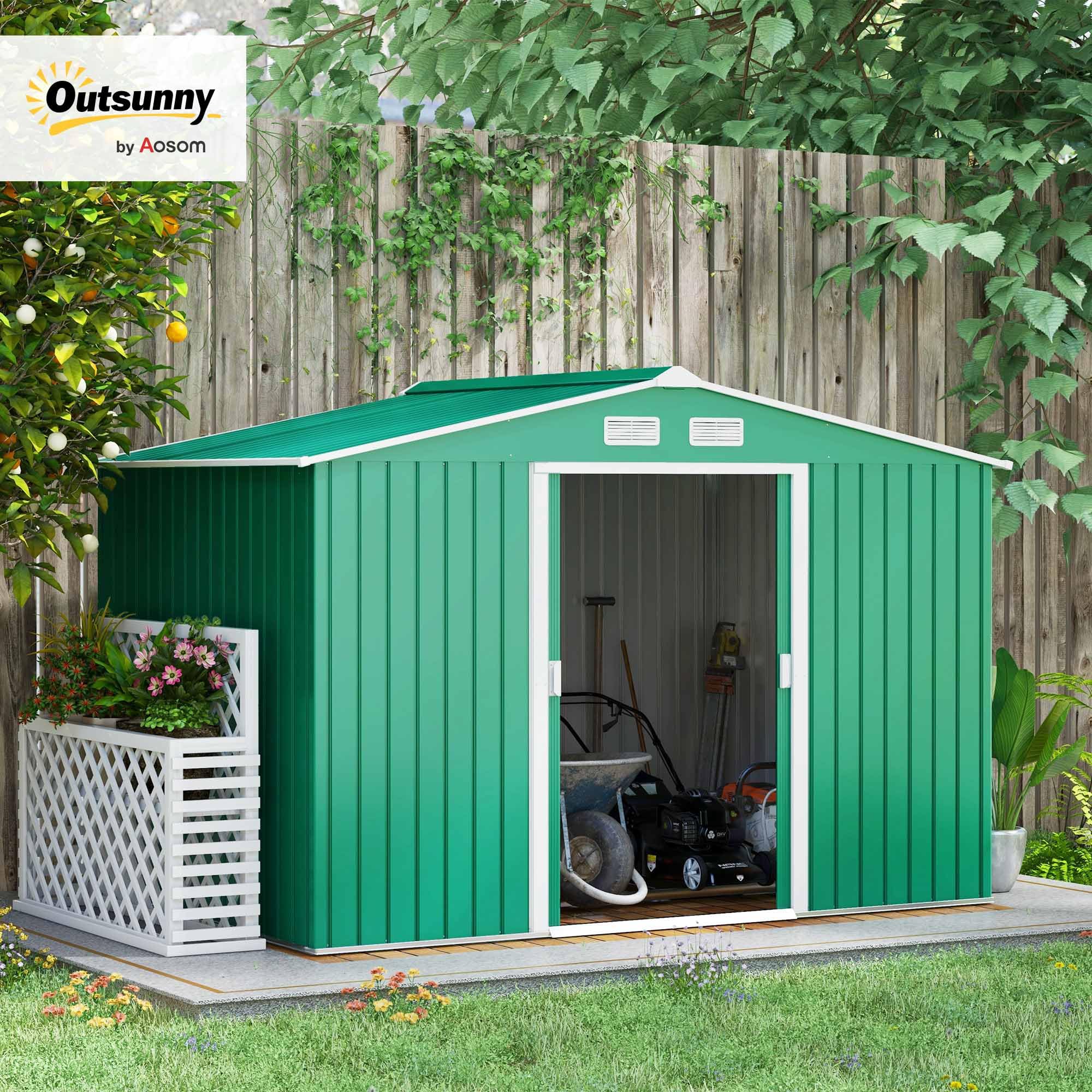Outsunny Casetta da Giardino 4.9 m² Lamiera d'Acciaio 277x195x192 cm Verde Scuro