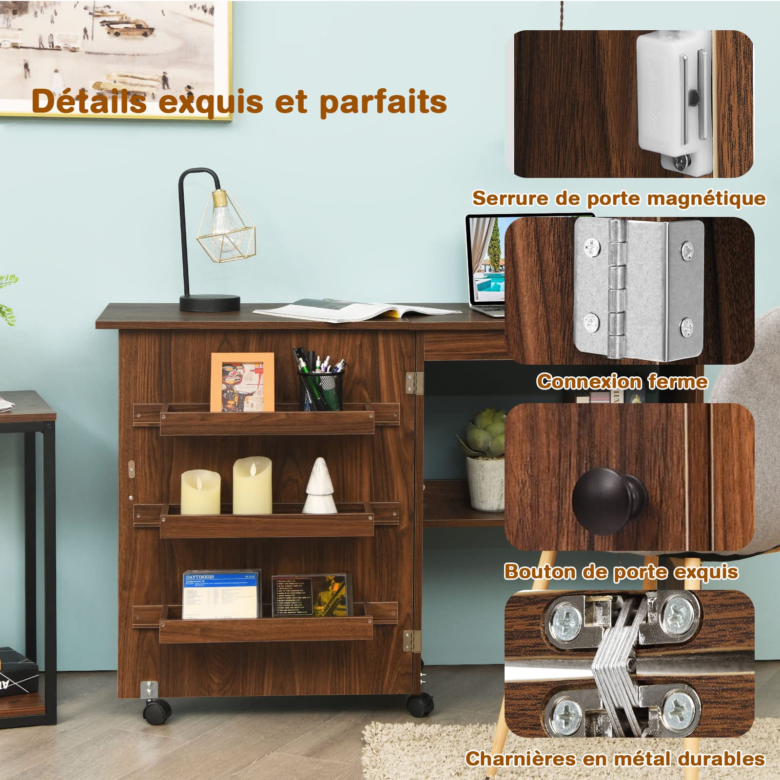 RELAX4LIFE Table Pliable pour Machine à Coudre avec 4 Etagères de Rangement, Armoire à Machine à Coudre avec roulettes avec Freins, Table Pliable en MDF, 117 x 40 x 77 CM, Blanc/Naturel/Brun (Brun)