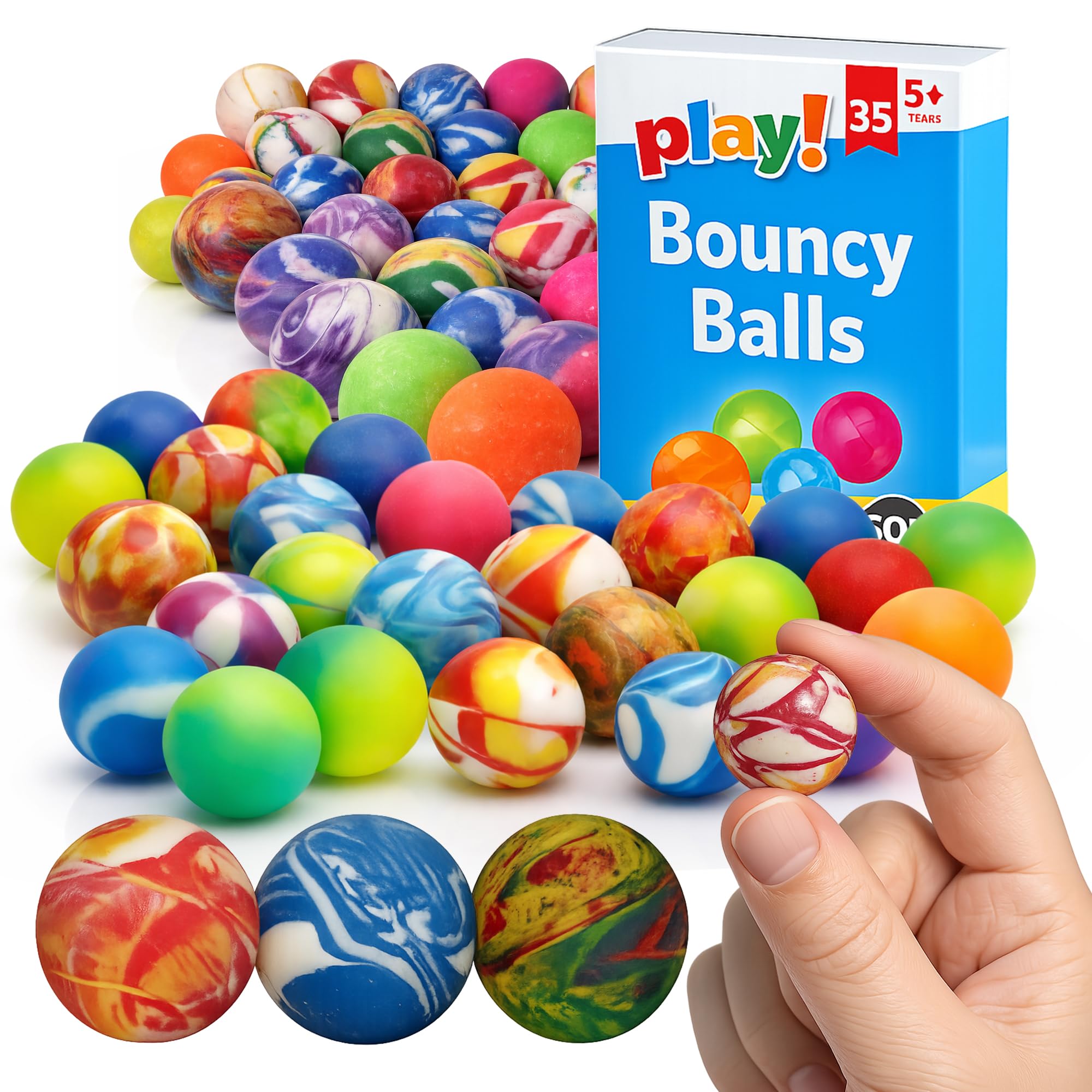 SOL 35pk Small Bouncy Balls for Kids Party Bags 22mm Rubber Ball Bag Fillers Boys Toys - High Bounce Colourful Prizes Unisex Birthday Games - Durable Fun Designs School Rewards - For Ages 5+
