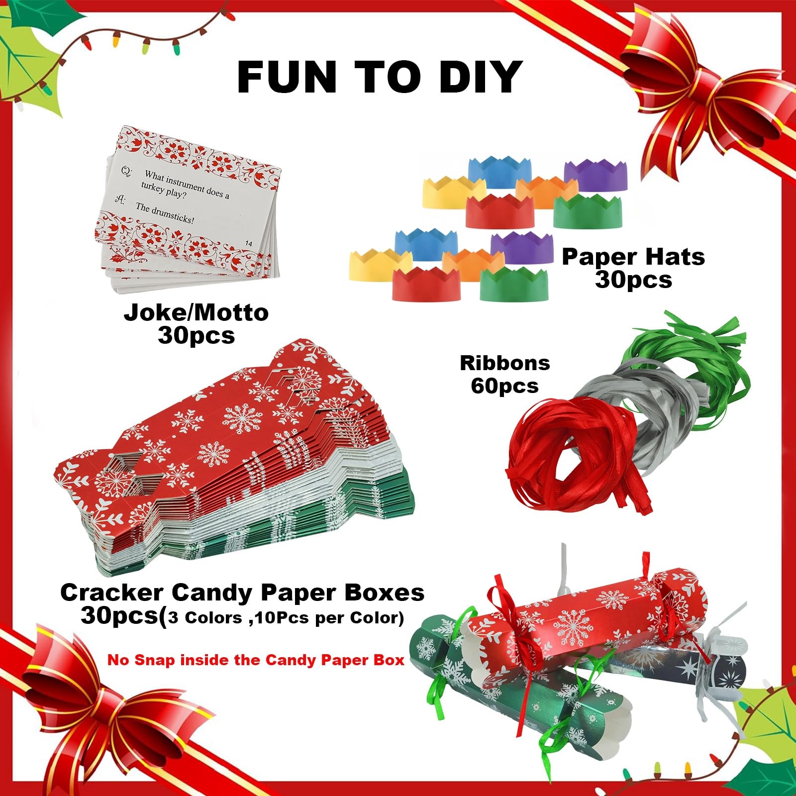 DIY Christmas Crackers Gift Boxes with Hat/Joke,30P Silver Green Red Christmas Party Crackers Bulk No Snap,Make Your Own Cracker Kit for Kid Adult,Family Cracker Fill Your Own Candy Novelty CrackerBox - Image 3