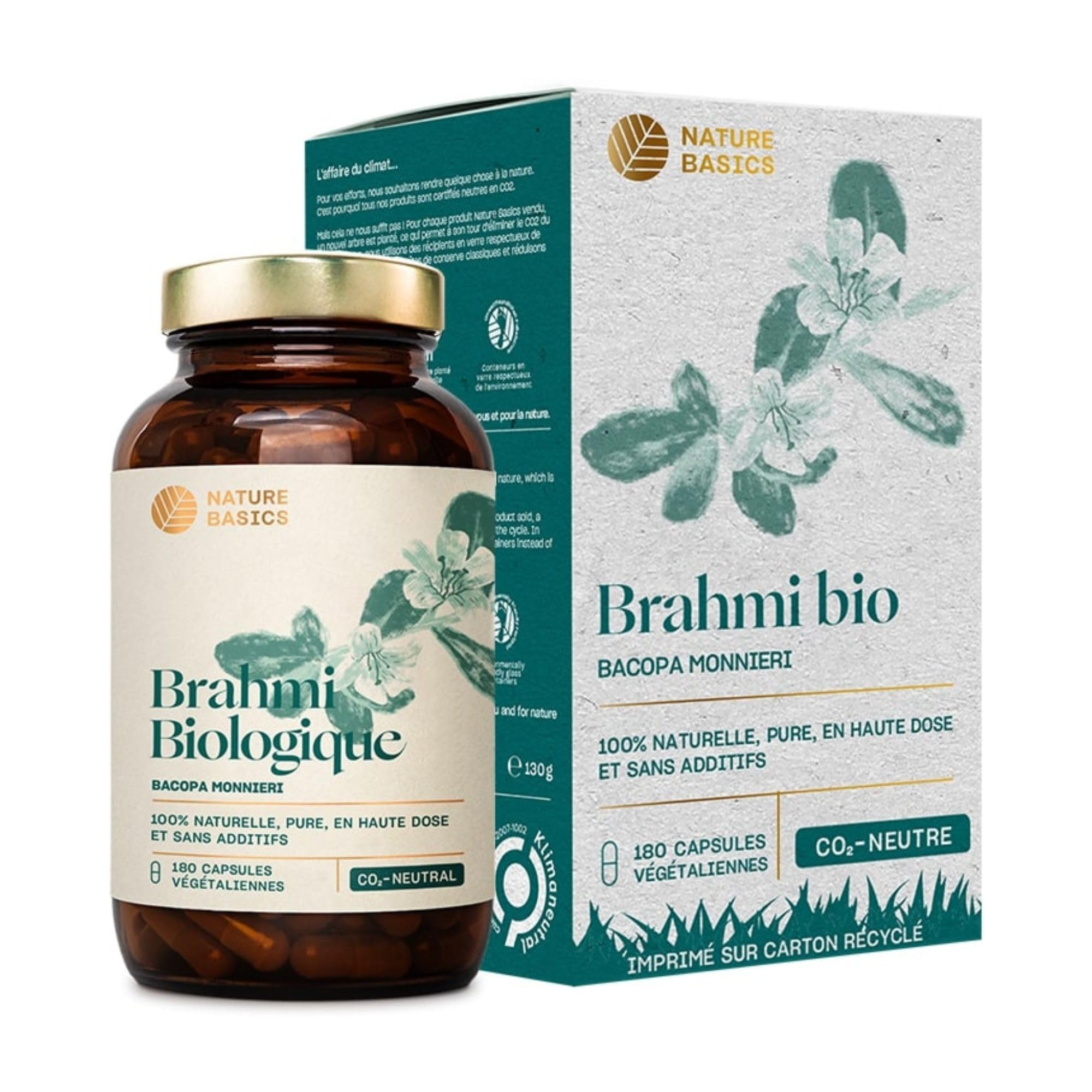 Nature Basics® Brahmi bio en bocal | 180 gélules végétaliennes - 3 mois d'approvisionnement | 1.000mg de poudre de brahmi bio par dose journalière | Neutre en CO