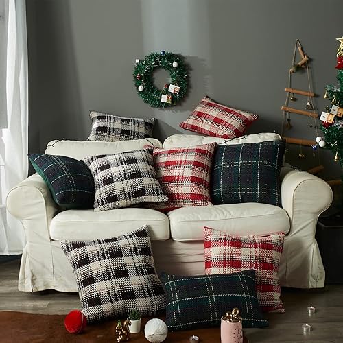 Miniatura 8 de Juego de 2 fundas de almohada a cuadros verdes de 12 x 20 pulgadas, fundas de almohada de tartán de punto para invierno, Navidad, fundas de cojín