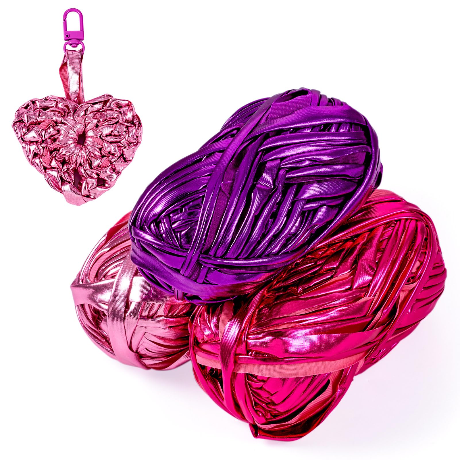 Magibeads Metallic T-Shirt Yarn 111 Yards Knitting Yarn 3 Colors Shiny Polyester Crochet Yarn for Crocheting Beginners DIY Hand Craft Bag Blanket Cushion Projects, Hot pink, Purple, Cerise