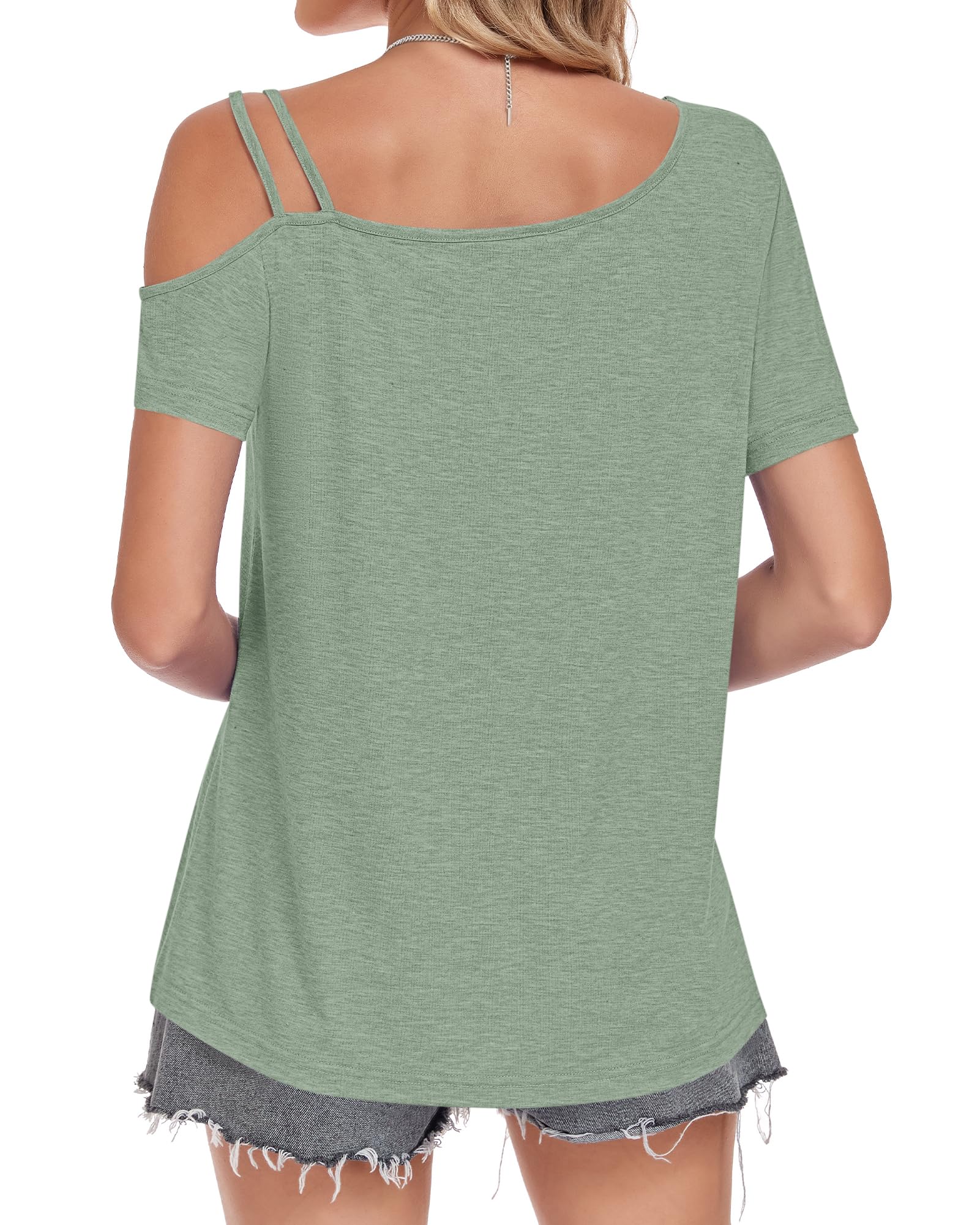 PLMOKEN Tee Shirt Femme Épaule Asymétrique Dénudée Haut Manches Courtes Chic Élégant d'Été