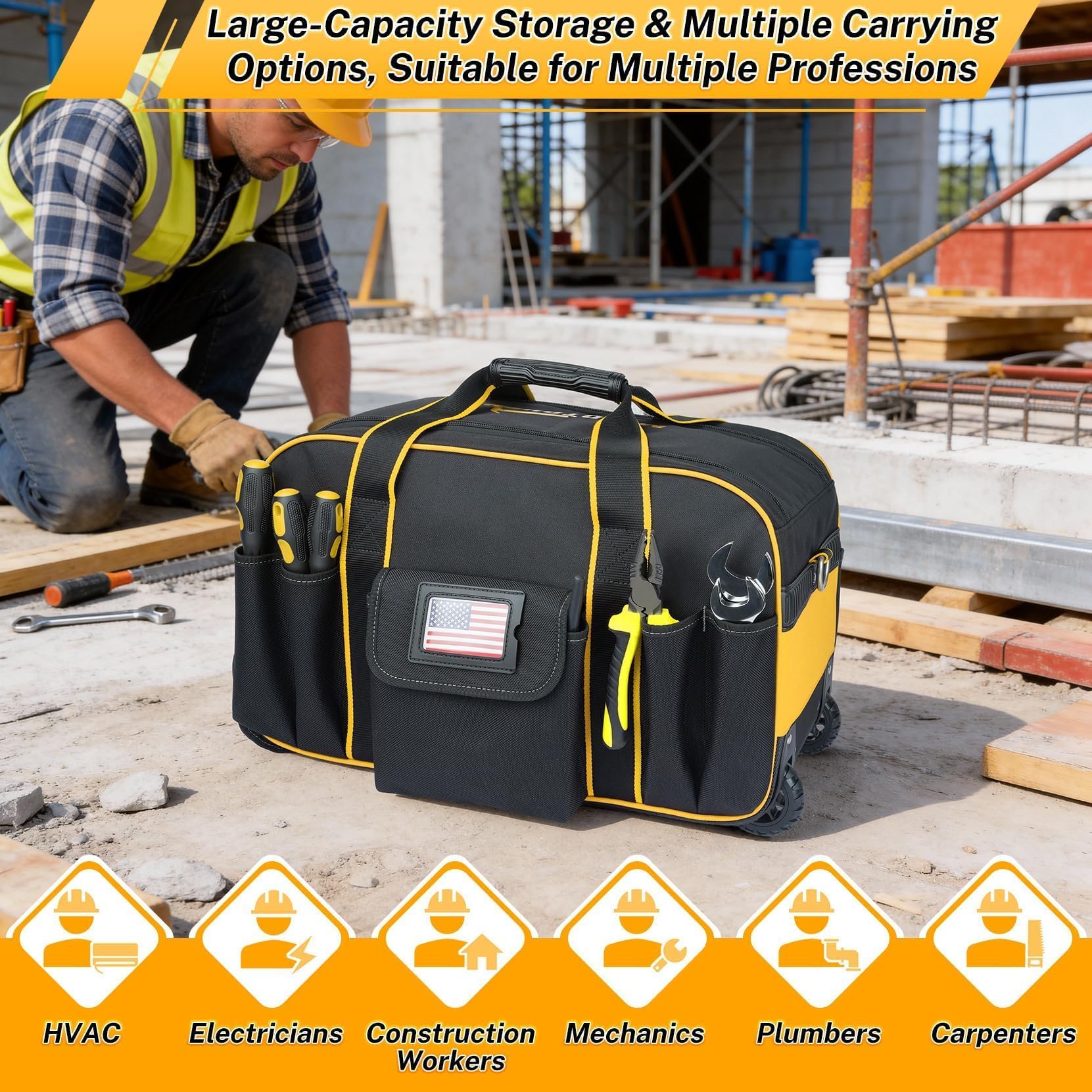 MELOTOUGH Sac à outils à roulettes robuste avec poignée télescopique dissimulée, grande capacité, plusieurs poches pour électricien, CVC, construction, charpentier (jaune)
