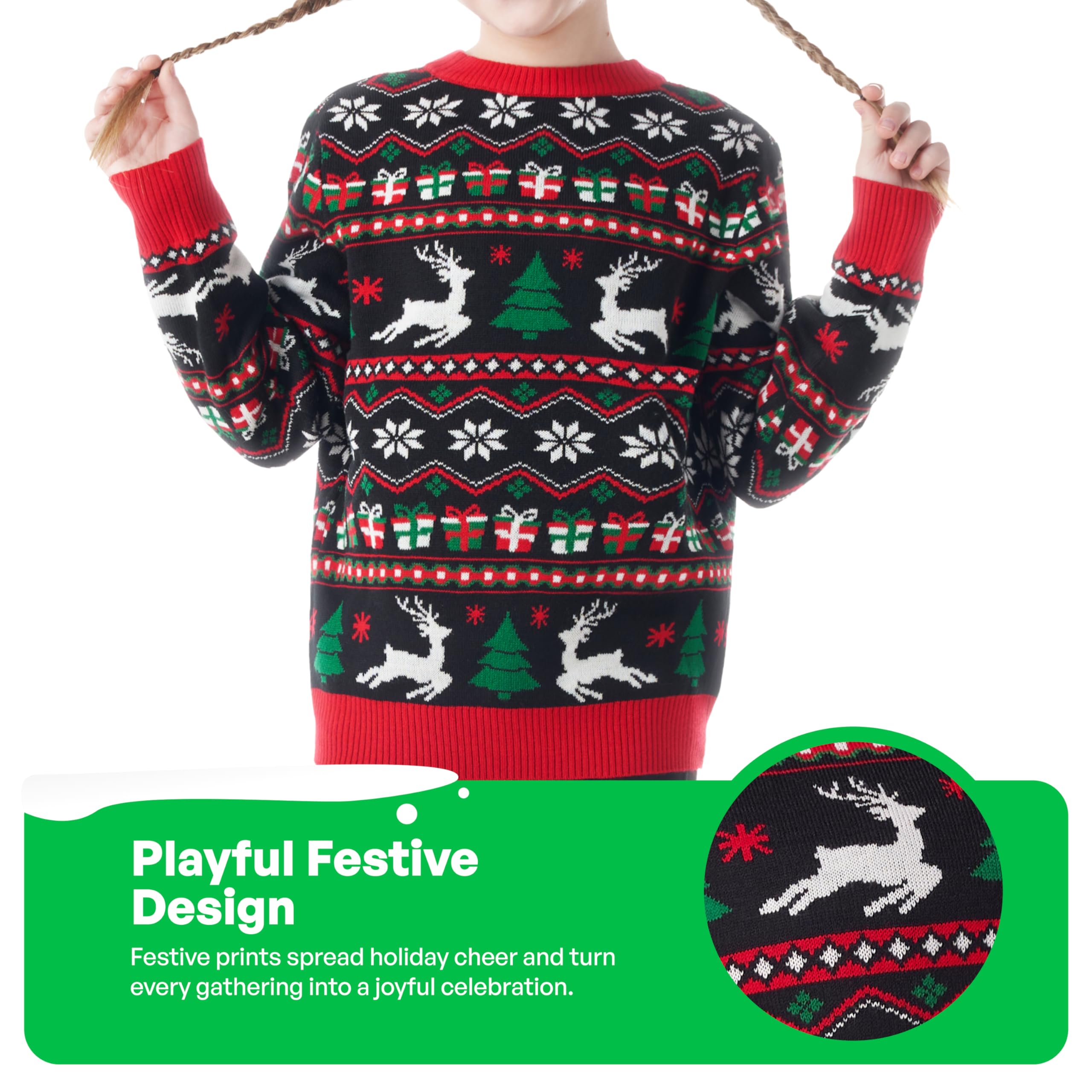 Giggling Getup Dopasowany rodzinny sweter bożonarodzeniowy, słodki świąteczny sweter z długim rękawem, czarny brzydki sweter bożonarodzeniowy
