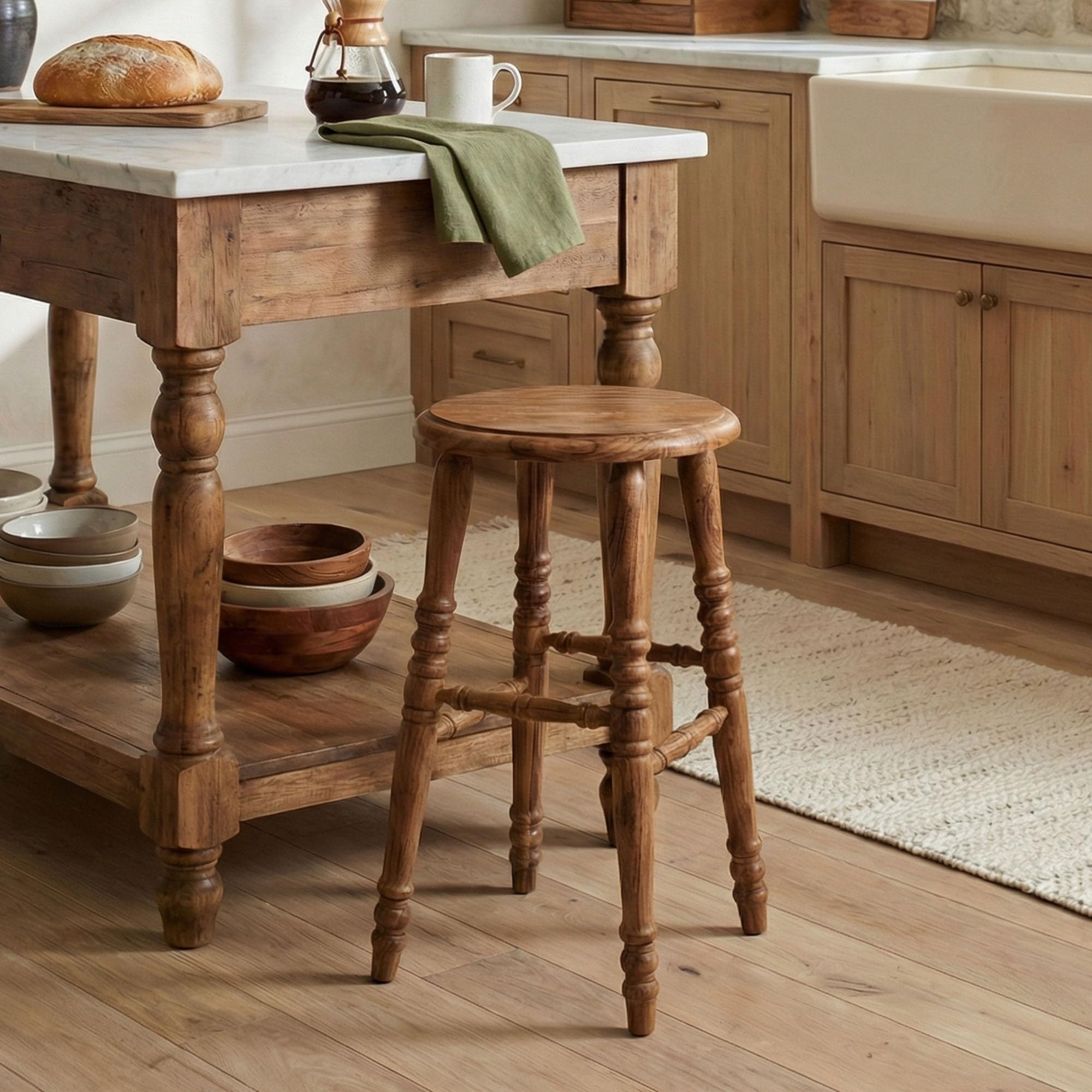 East at Main Baylor Farmhouse Counter Stool, Rustic Vintage-Style Wooden Bar Stool, 24-Inch Solid Wood, Pre-Assembled for Kitchen & Home Bar, Sustainable, Natural Brown Finish