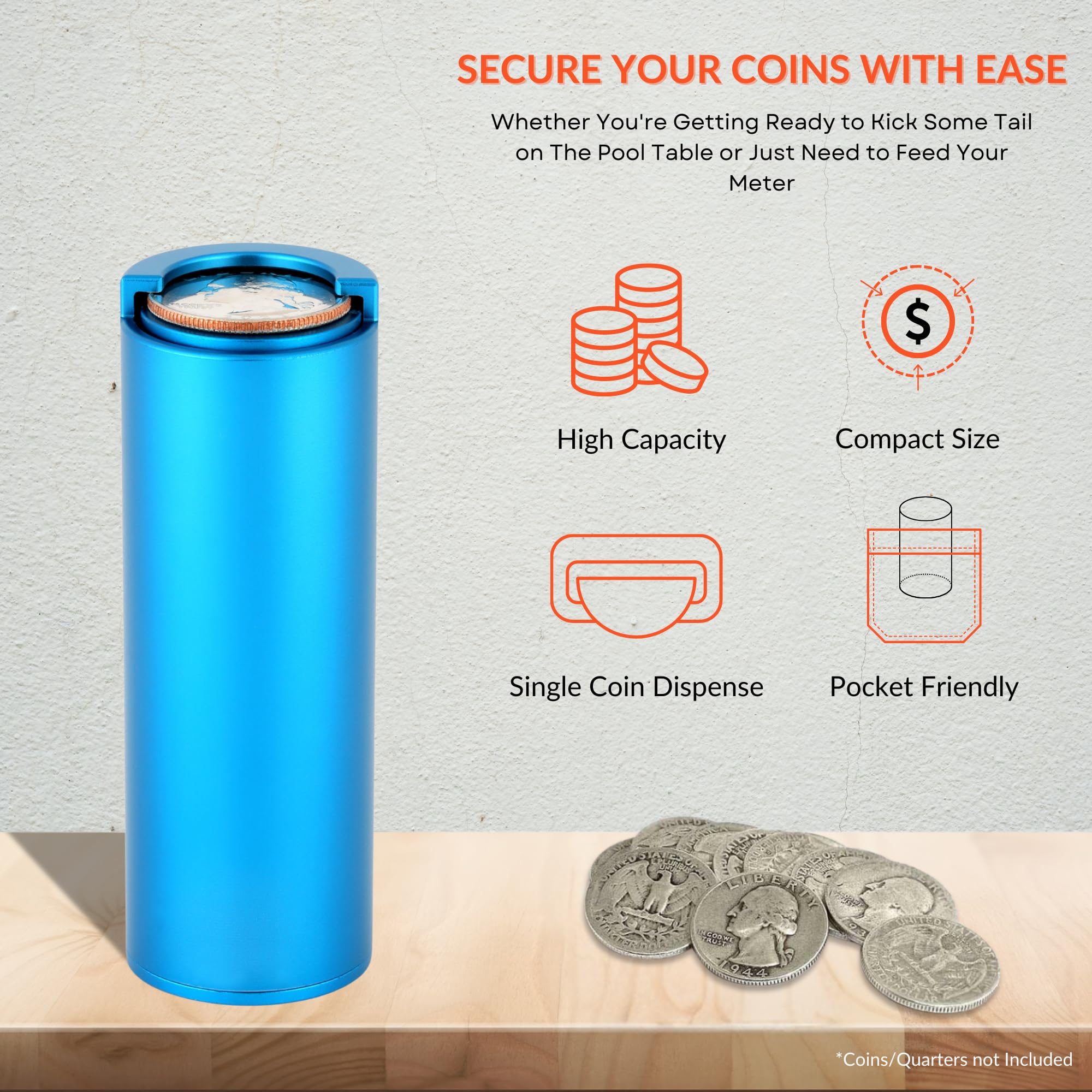 Beer City Billiards Basics - Portamonete (metallo - blu) tubo nero contiene 40 più monete da un quarto o un dollaro dispenser di accessori da biliardo