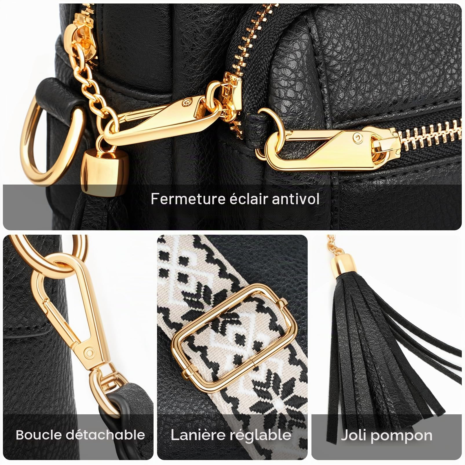 Sacs Bandoulière Femme avec Antivol, Sac a Main Femmes Bandoulieres 4 Compartiments, en Cuir PU avec Sangle Réglable et Large Amovible