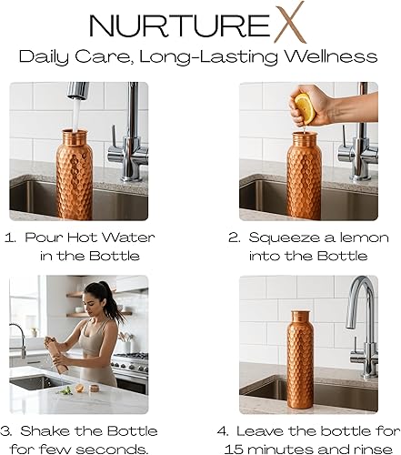 Miniatura 4 de Botella de agua de cobre puro de 34 onzas / 1 litro, resistente a la oxidación, a prueba de fugas, sin juntas, ayurvédica, hecha a mano - martillado