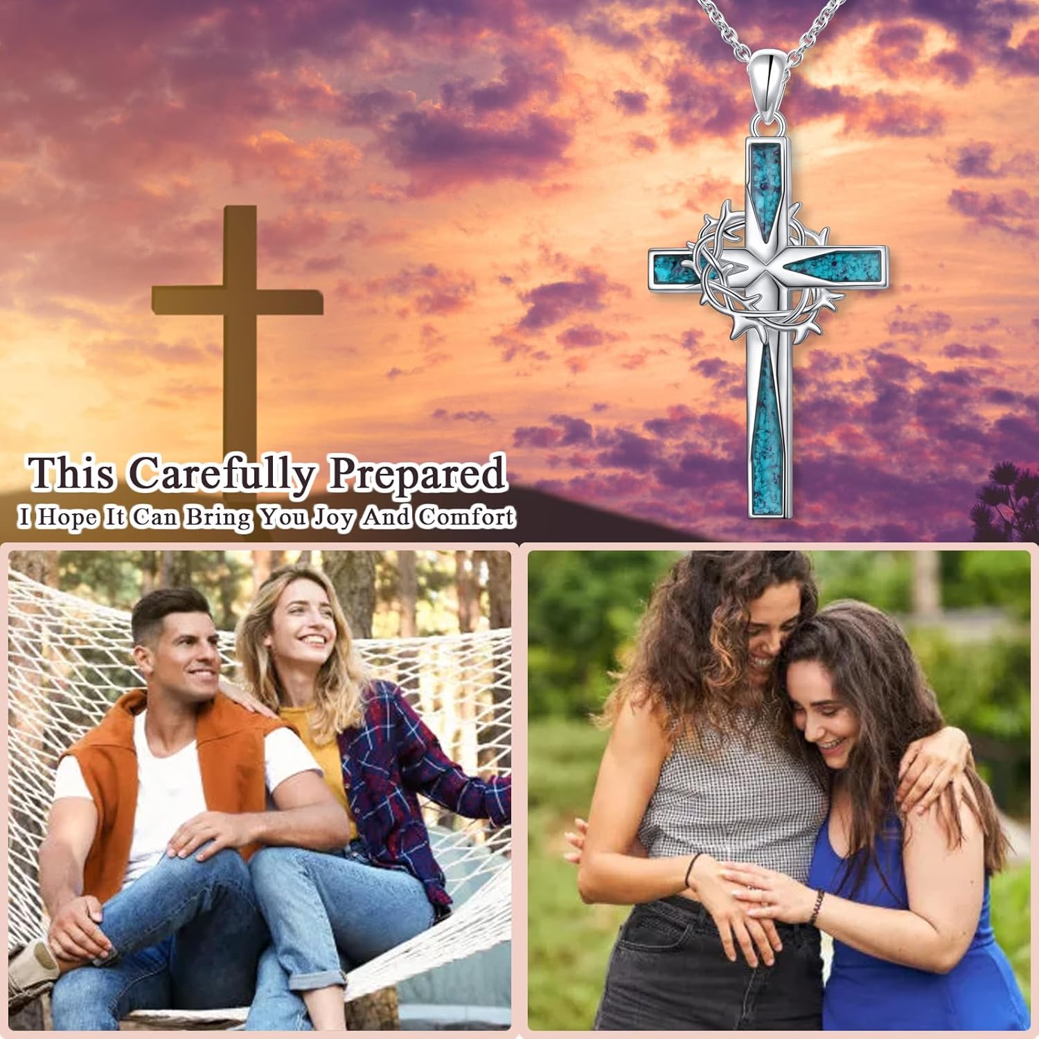 Cross Turquoise Necklace 925 Sterling Silver Thorns Cross Pendant Necklace Engraved All Things are Possible Religious Christian Jewelry Gifts for Women Men - Image 8