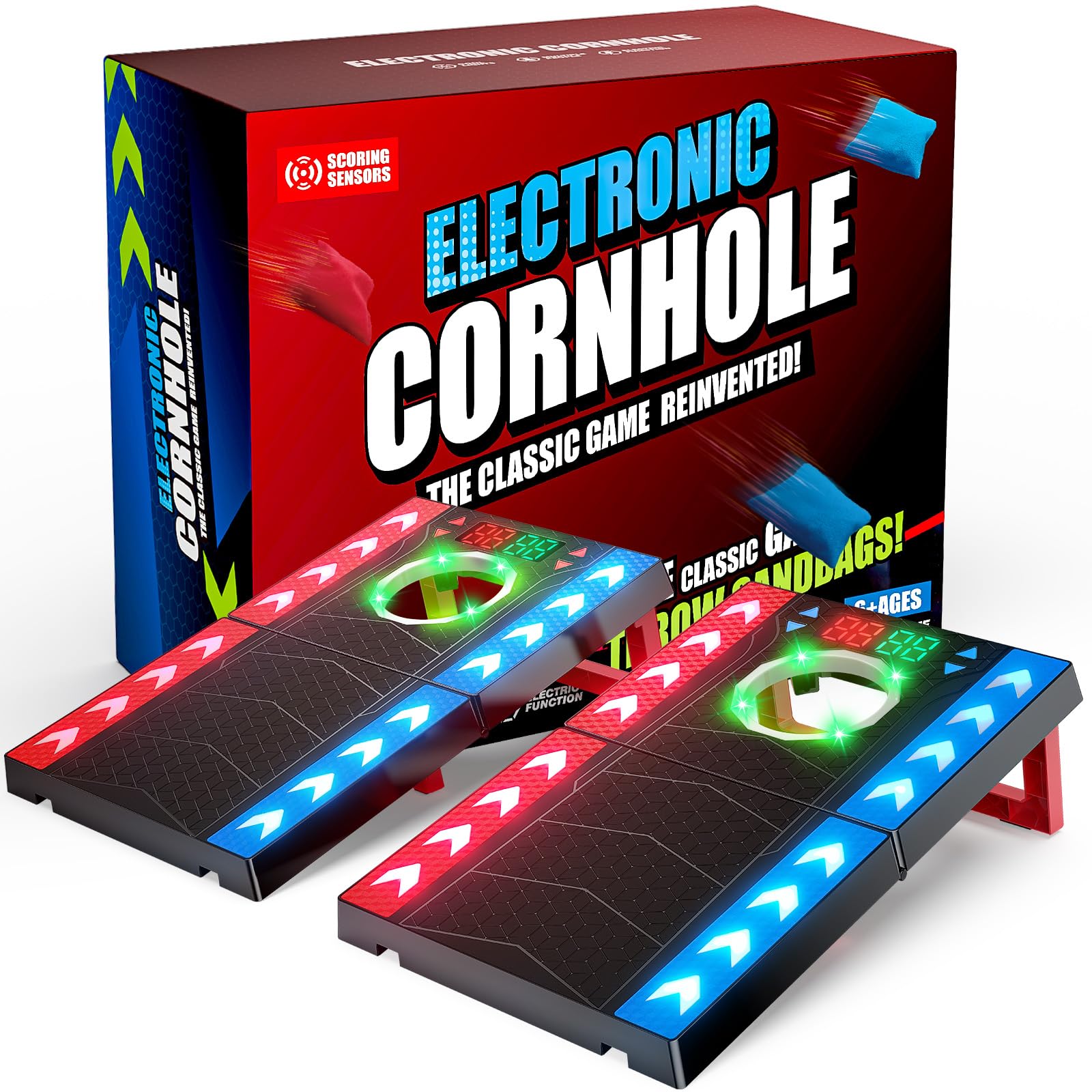Cornhole Spiel Outdoor, Elektronisches Cornhole Set mit automatischer Punktezählung, LED & Musik, 2 Boards & 8 Säckchen, Sackloch Spiel für Garten, Camping, Kinder ab 8 & Erwachsene