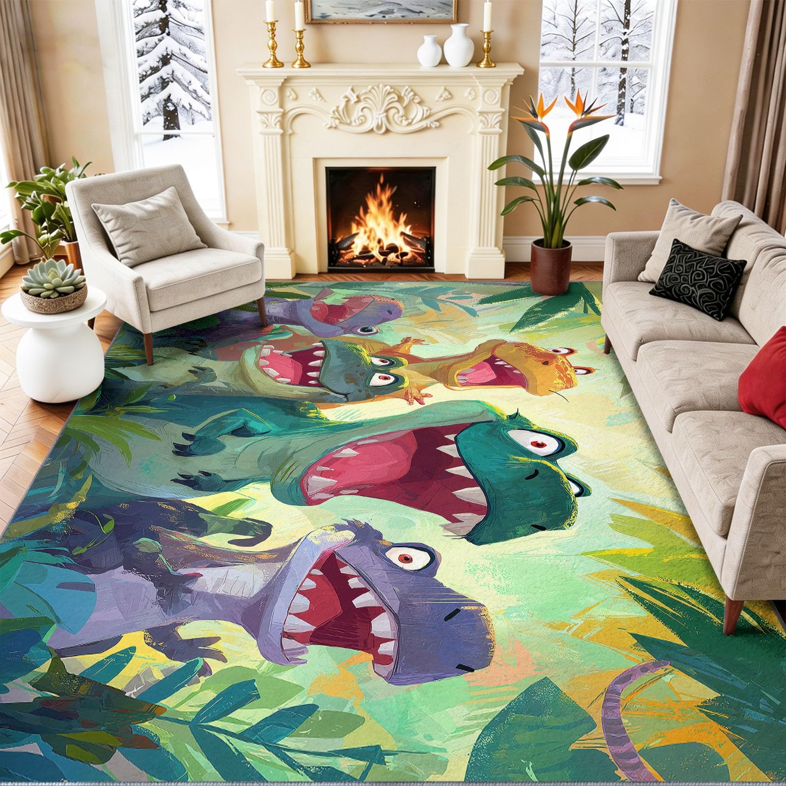 Cartoon Tyranozaur Rex Jungle do salonu 160 x 230 cm, zielony dywan z nadrukiem, można prać w pralce, antypoślizgowy z krótkim włosiem do sypialni i salonu, nowoczesny design