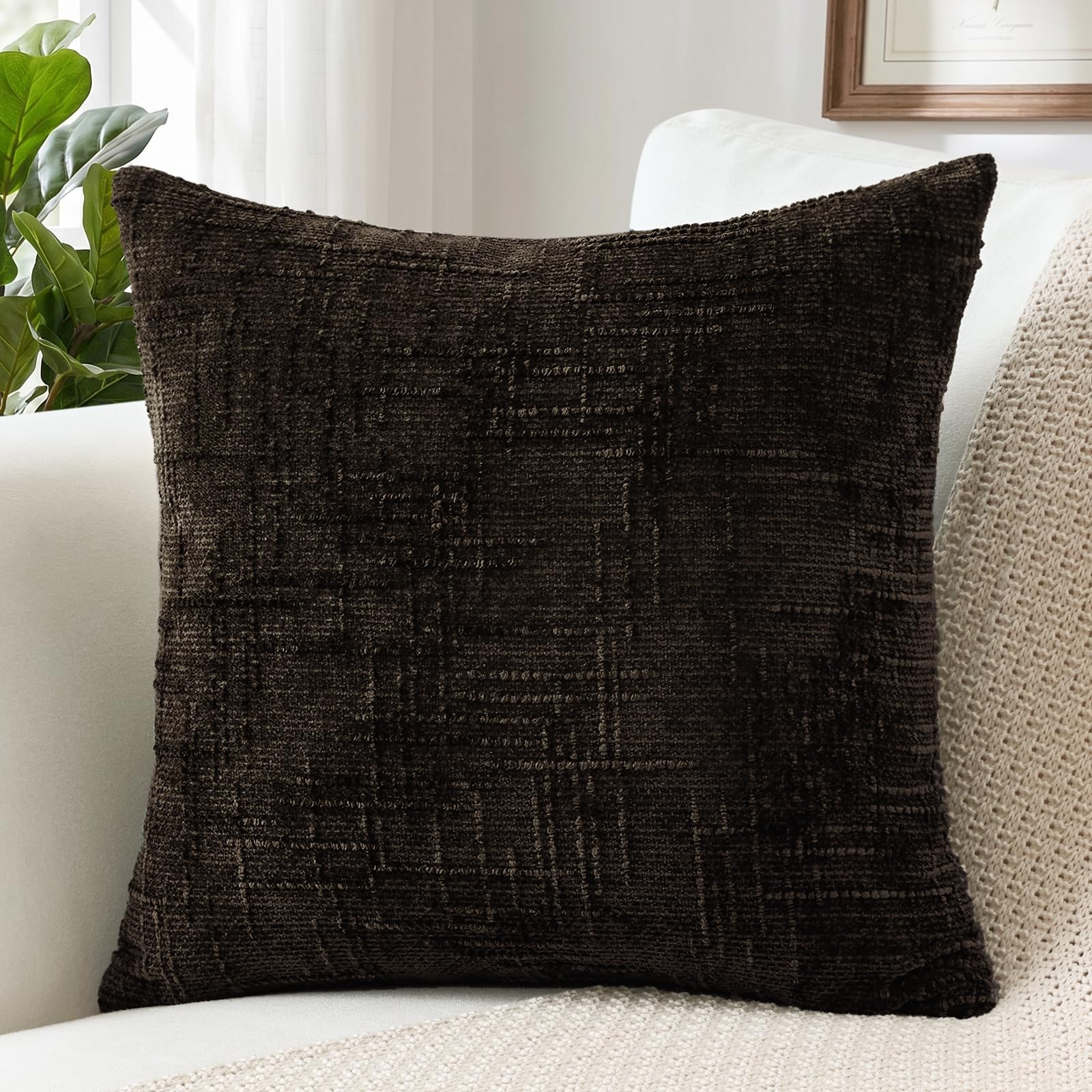 Sungeek Chenille Textured Cushion Cover 40x40cm, Farmhouse Solid Dyed Throw Pillow Case Cover, Decorative Square Cushion Case for Home Decor Couch Sofa Bed Living Room, Dark Brown โ image 1