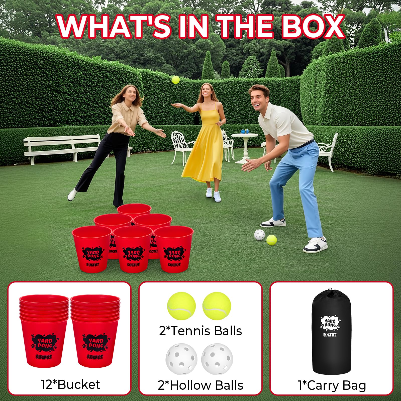 Yard Pong Outdoor Spiele, Giant Yard Games Set mit 12 Eimern und Bällen für Erwachsene und Familie, Wurfspiel Wurfspiele für Strand, Camping, Rasen und Hinterhof