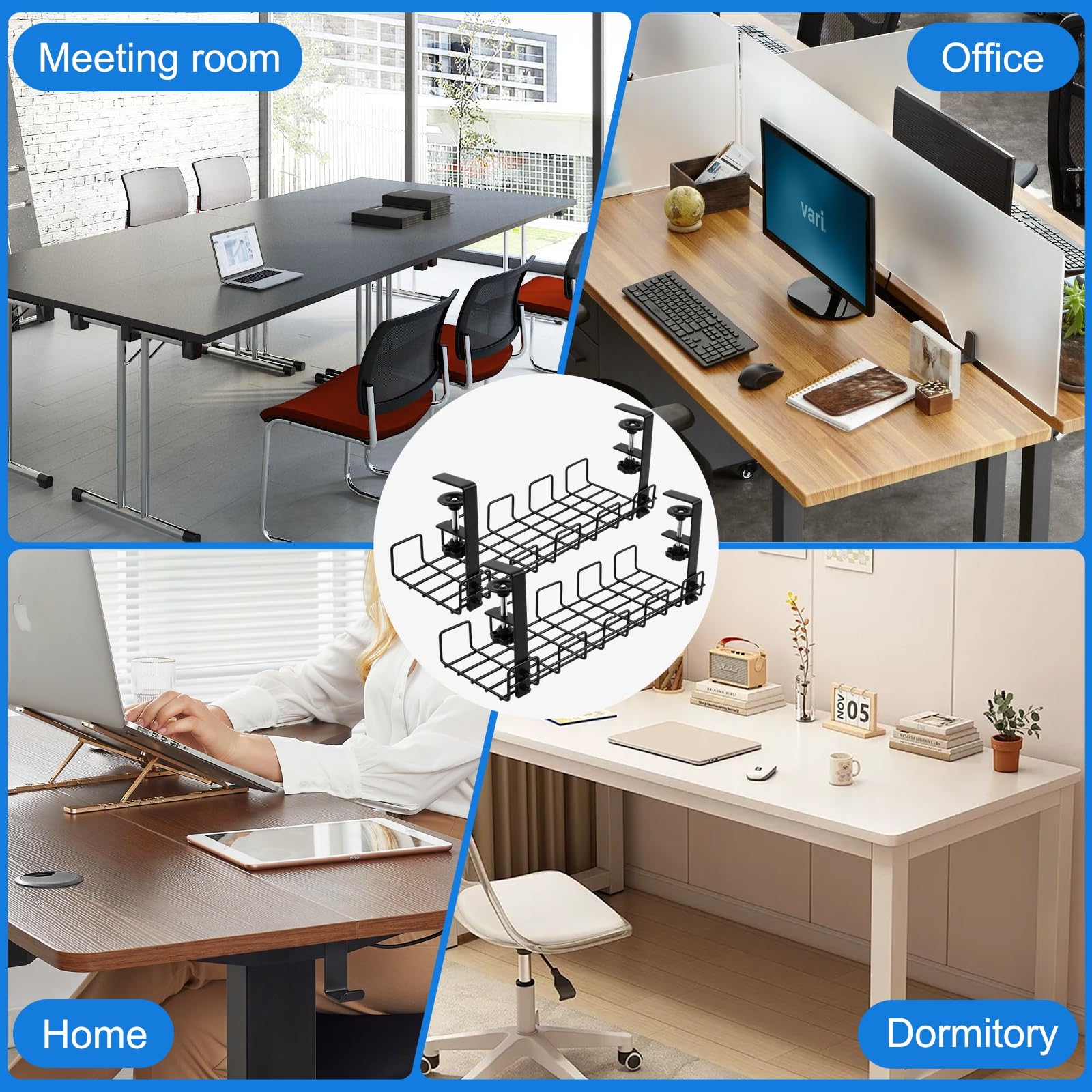 2 Plateaux de Gestion des Câbles sous Bureau, sans Perçage Chemin de Câbles en Métal, Rangement Multiprise avec Pince Ajustable pour Bureau et Maison