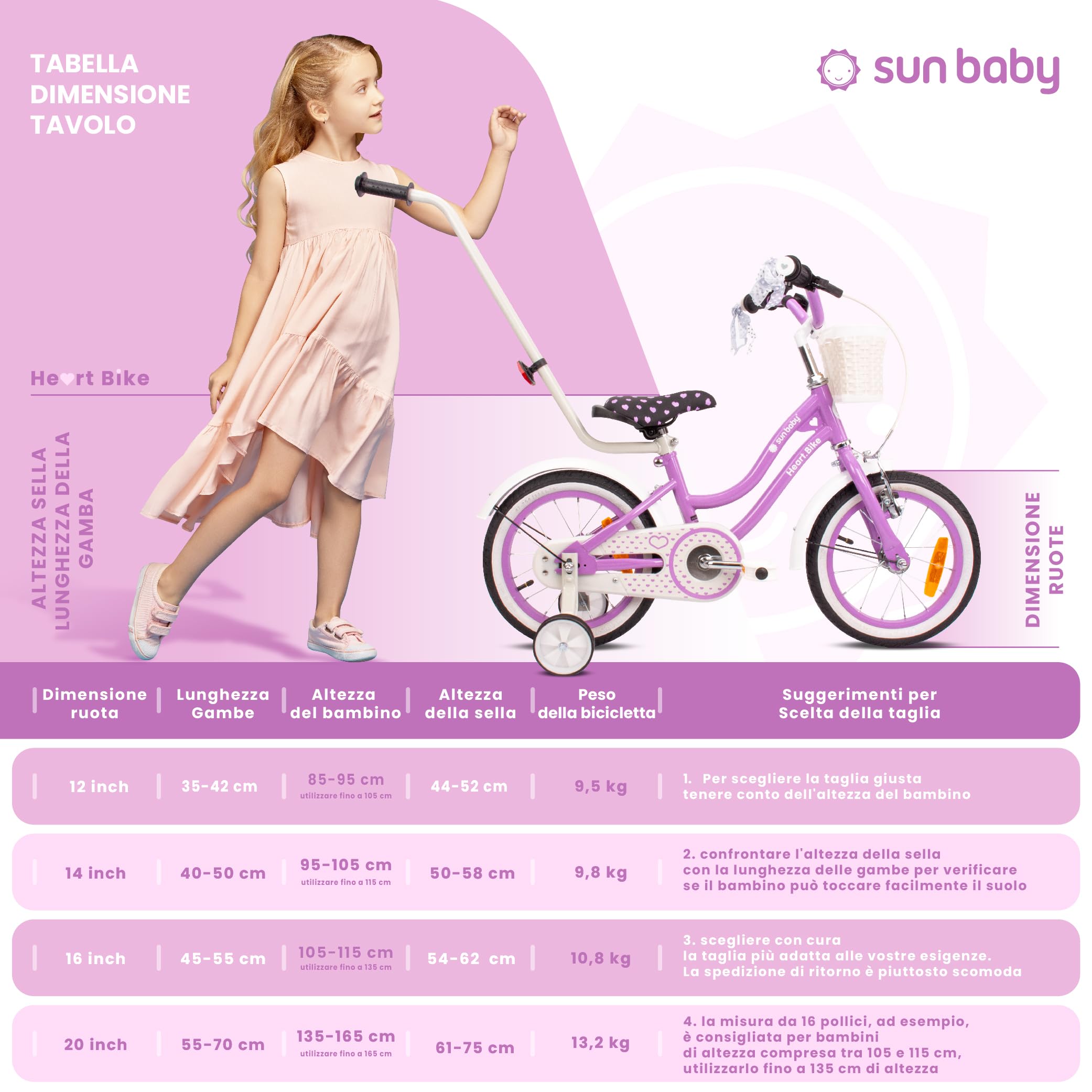 Sun Baby Heart Bike Bicicletta bambina 12/14/16 pollici, bici con rotelle, barra di spinta, cestino, campanello