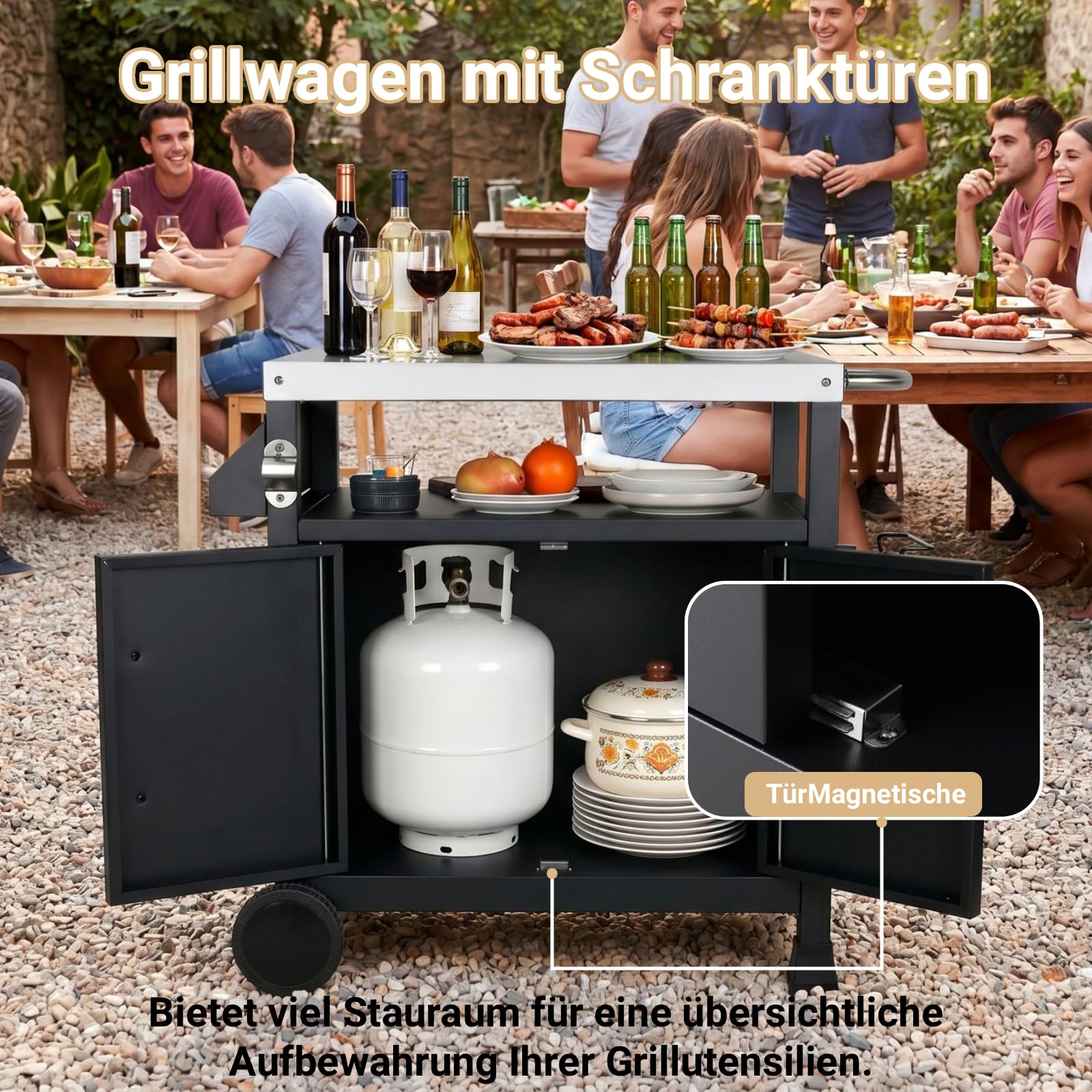 TLSUNNY Grilltisch Outdoor mit Edelstahl Tischplatte | Grillwagen mit Unterschrank, Servierwagen mit 2 Rollen, für Garten, Terrasse, Balkon, Partys, BBQ Beistelltisch