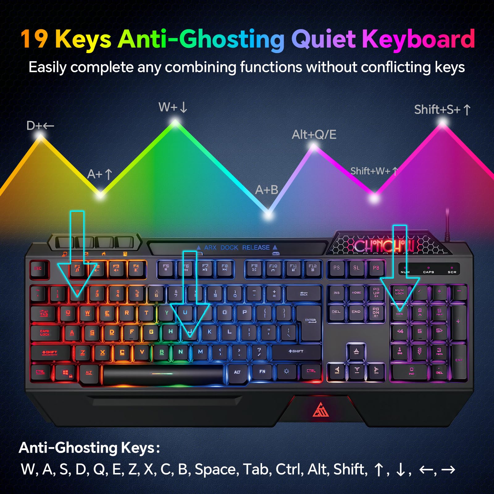 CHONCHOW Tastiera da gioco e mouse combinata, tastiera silenziosa retroilluminata RGB con cavo USB, anti-ghosting, con poggiapolsi ergonomico e supporto per telefono, mouse da gioco 7D 7200 DPI per PC