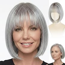 WIGYY Silver Grey Bob Wig for White Women 12 Inch Short Straight Synthetic Wig with Bangs, Glueless Protein Fiber Hair, Lightweight Heat-Resistant Natural Look Daily Wig