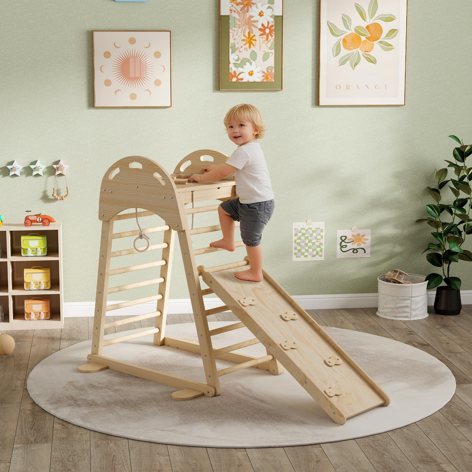 AIYAPLAY 6 en 1 Triángulo de Escalada Montessori, Estructura de Escalada de Madera con Plataforma, Anillos y Tobogán, para Deslizarse o Escalar, para Niños de 18-48 Meses, Interiores, Natural