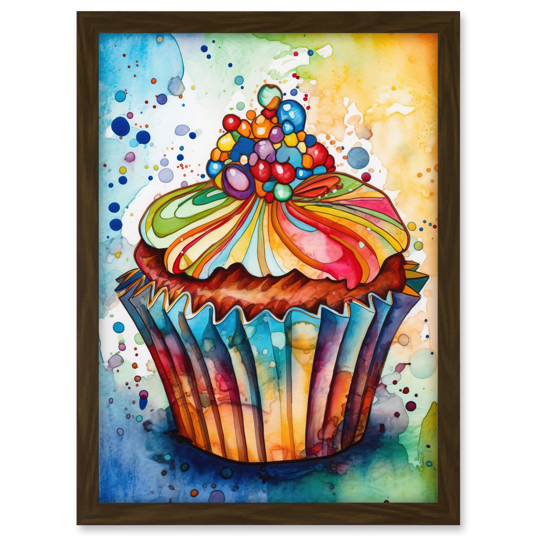 Artery8 Cupcake With Sprinkles Vibrant Watercolour Painting Artwork Framed A3 Wall Art Print