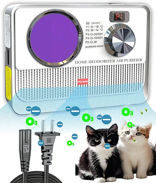 Vedawind 3-in-1 Air Purifier, Cat Litter Deodorizer, Air Freshener for Home with Ozone, Ionizer, U Light – Reduce Pets Poof Odor, Litter Smell, Smoke, Dust,Plug-in to Use