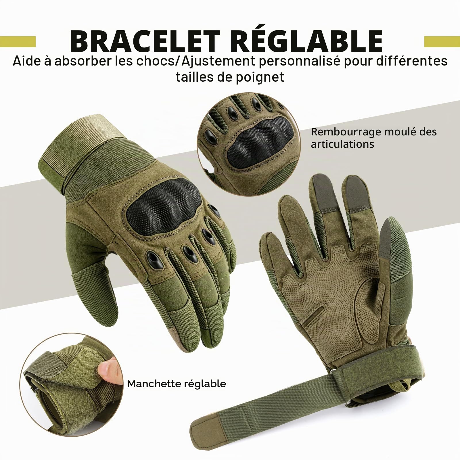 GES Gants de moto, gants de moto tactiles pour hommes avec doigts à écran tactile VTT conduisant des gants de motocross (Armée Verte, L)